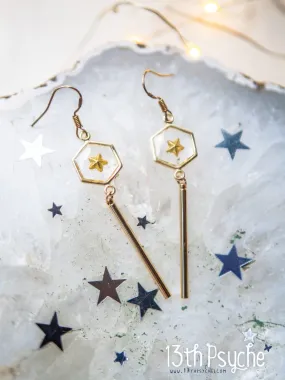 Geometric gold star hexagon dangle earrings