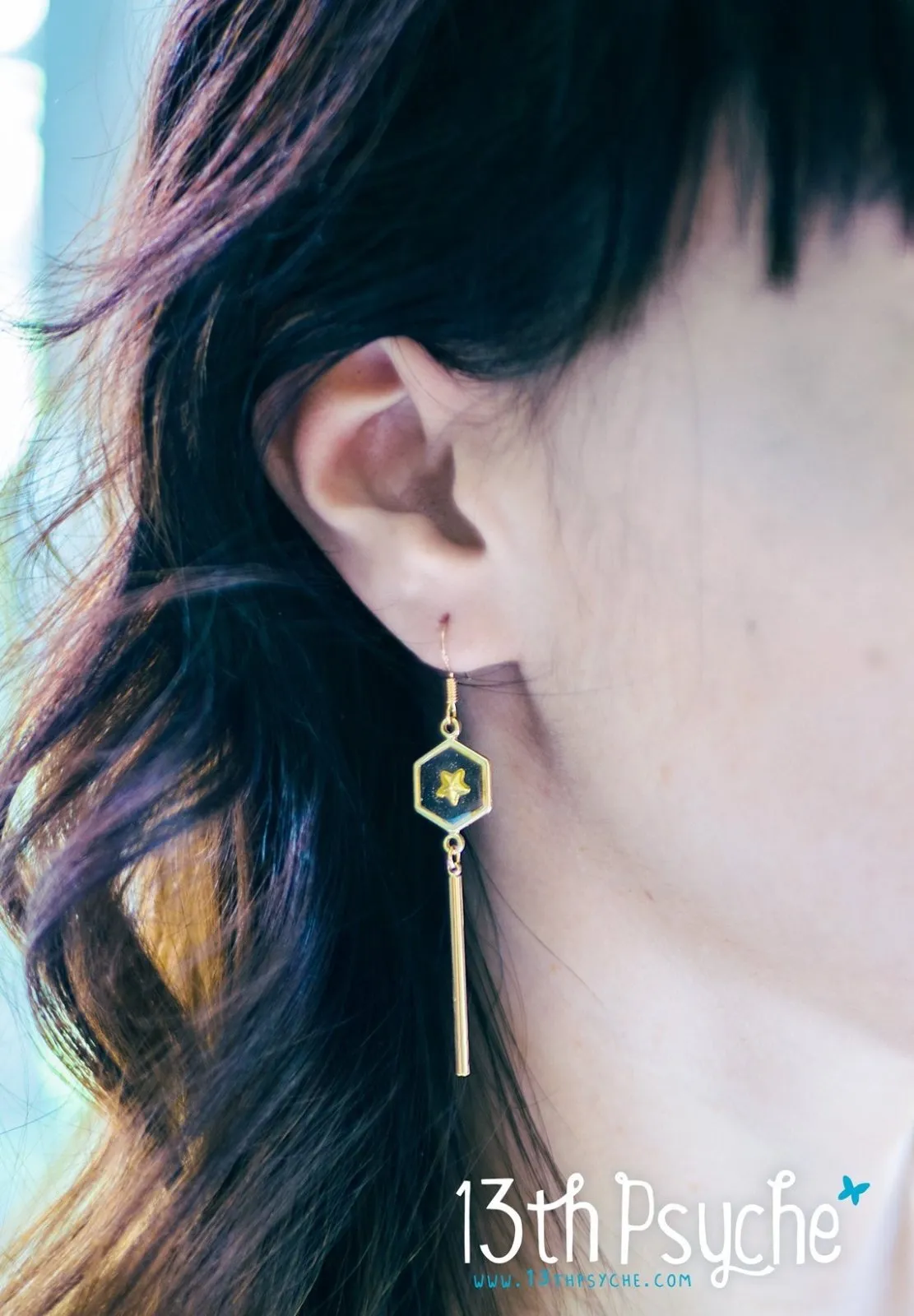 Geometric gold star hexagon dangle earrings