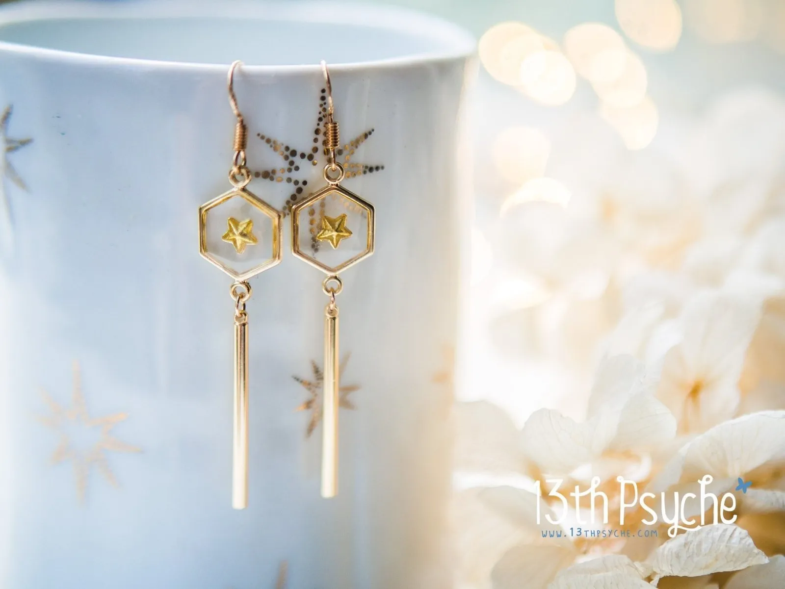 Geometric gold star hexagon dangle earrings