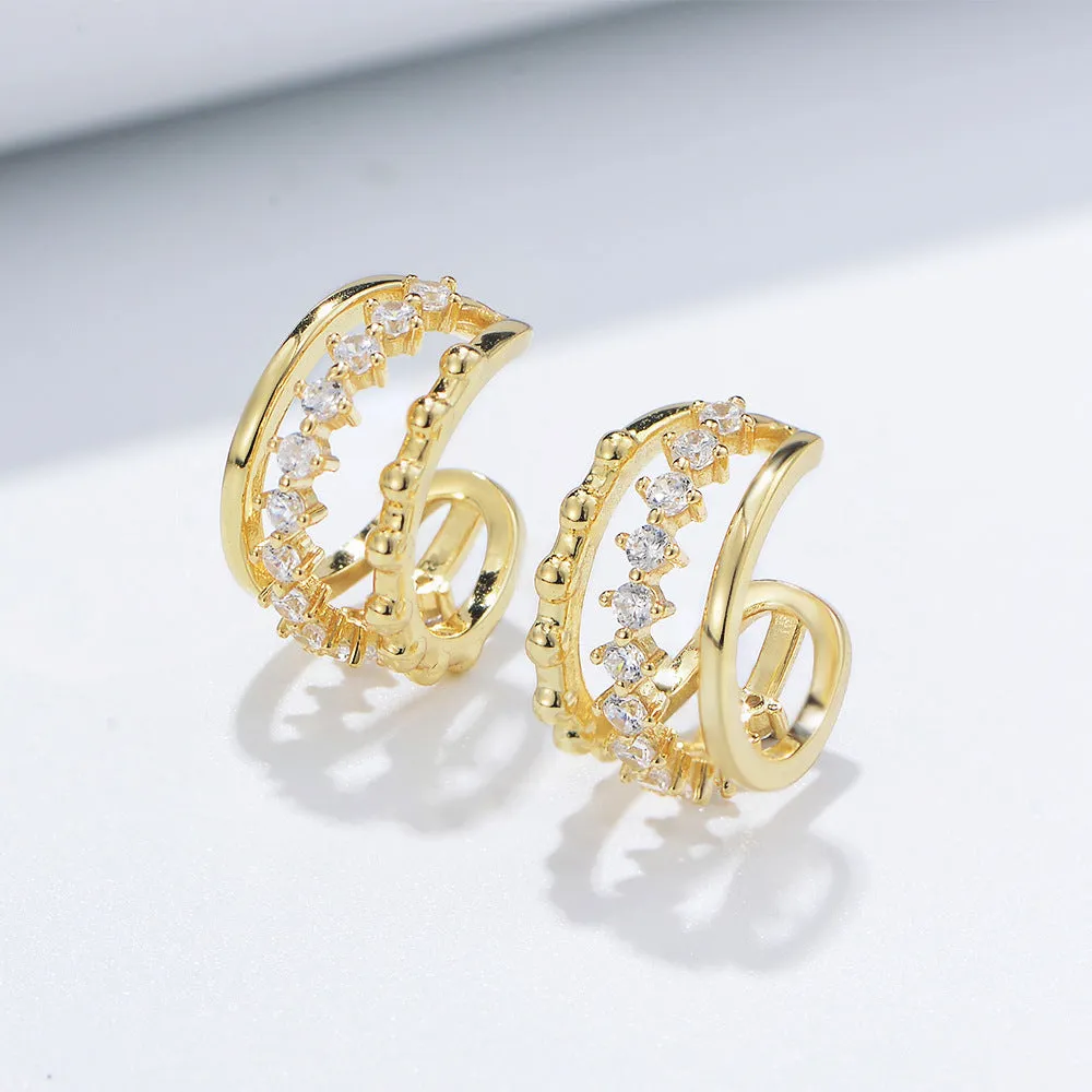 Geometric Hollow Beading Zircon Silver Earbone Clip Earrings for Women