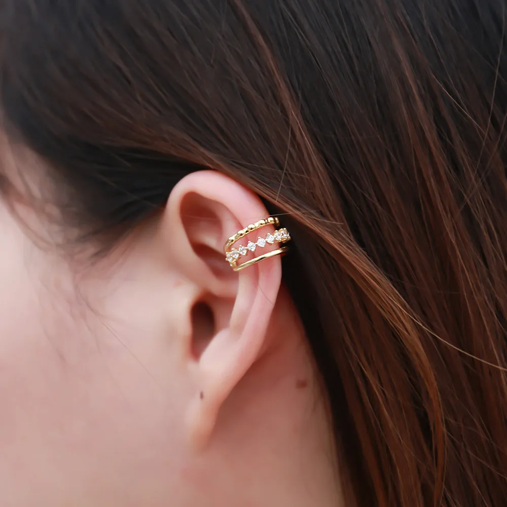 Geometric Hollow Beading Zircon Silver Earbone Clip Earrings for Women