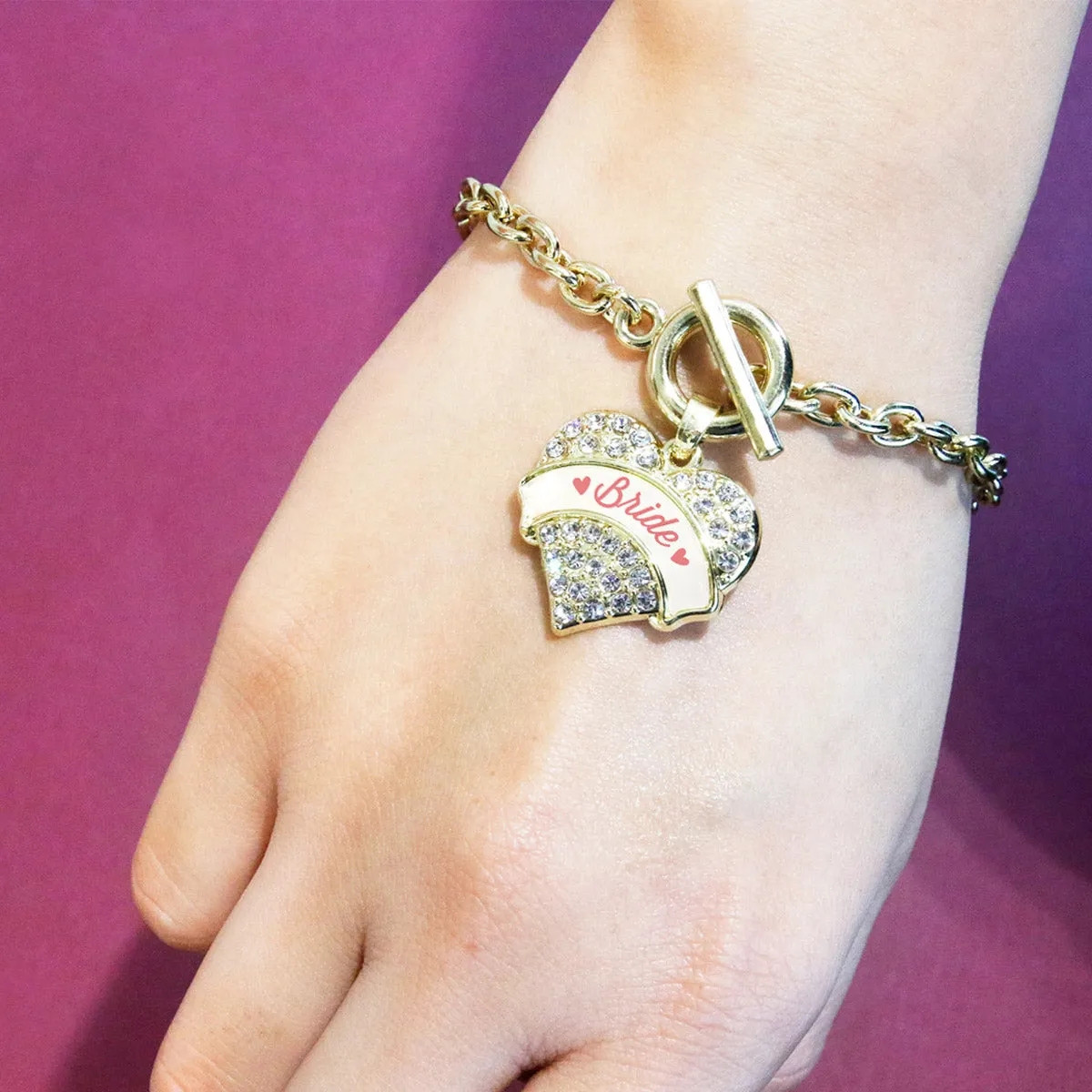 Gold Coral Bride Pave Heart Charm Toggle Bracelet