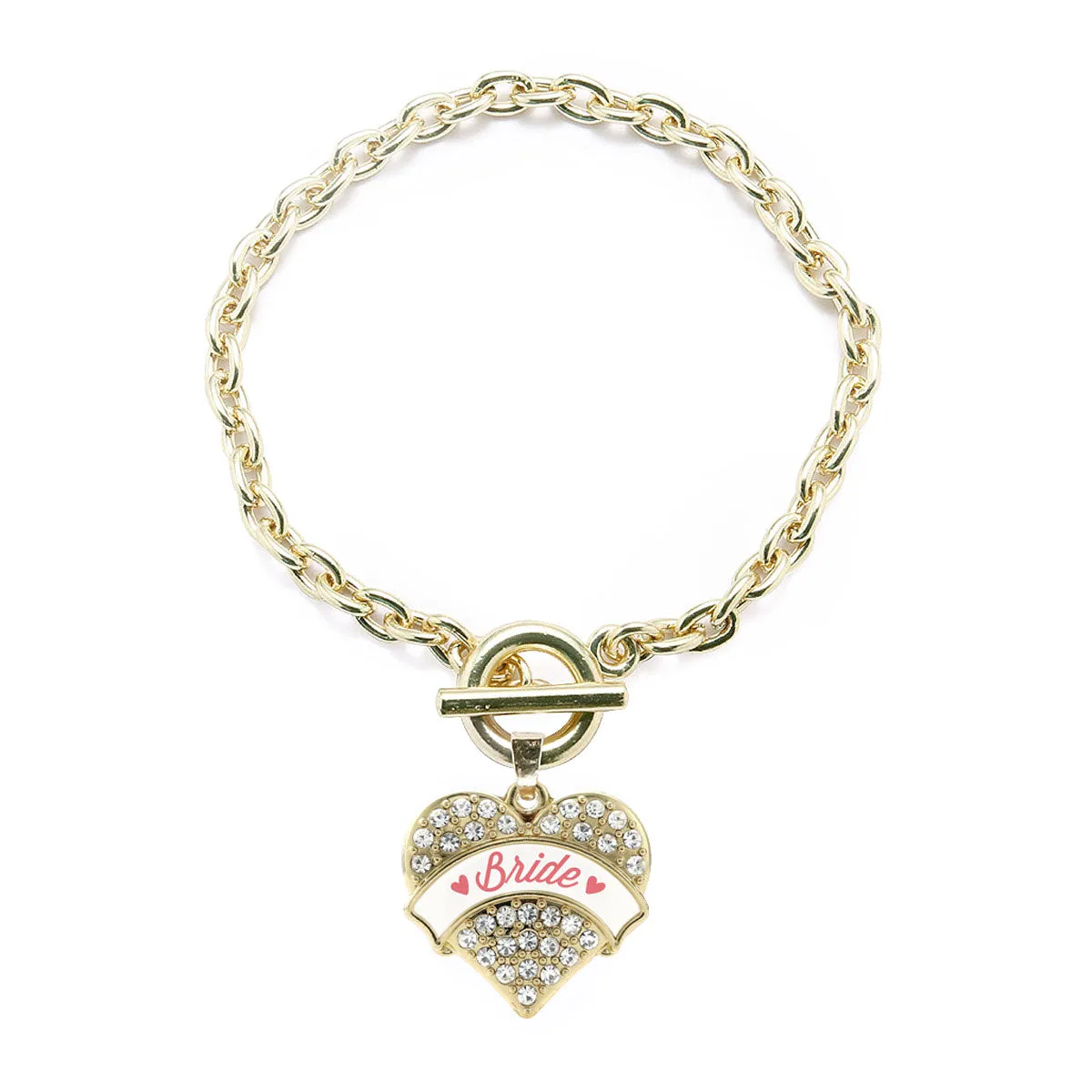 Gold Coral Bride Pave Heart Charm Toggle Bracelet