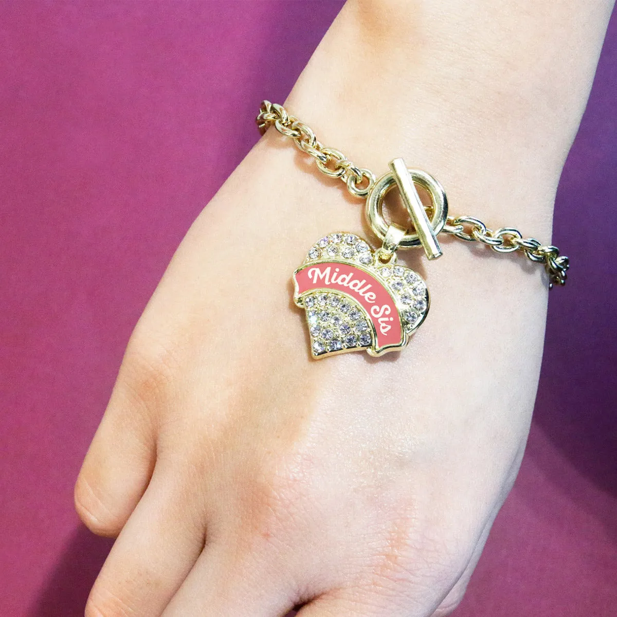 Gold Coral Middle Sister Pave Heart Charm Toggle Bracelet