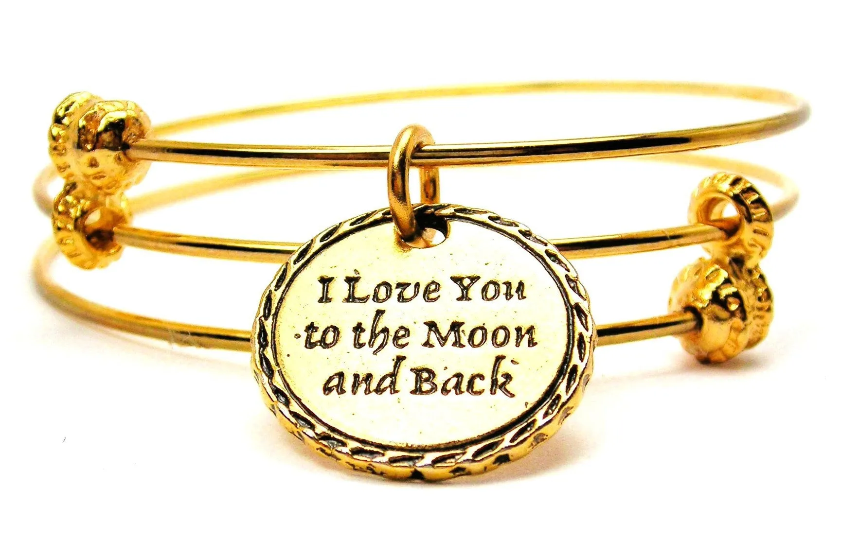 Gold Detailed Trim I Love You To The Moon And Back Triple Style Expandable Bangle Bracelet