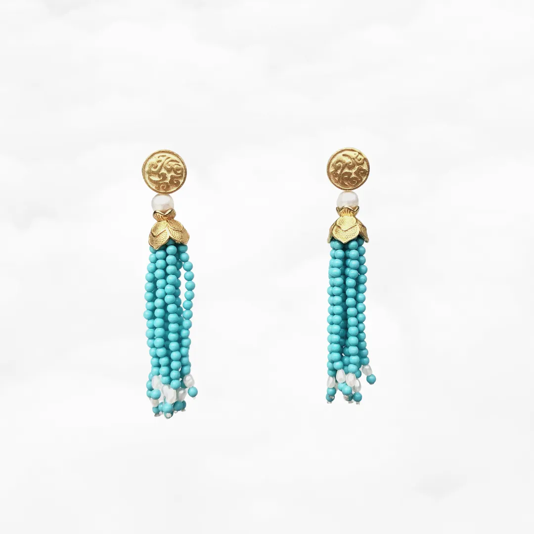 Gold Lotus Turquoise Tassel Lariat Necklace and Earrings Set