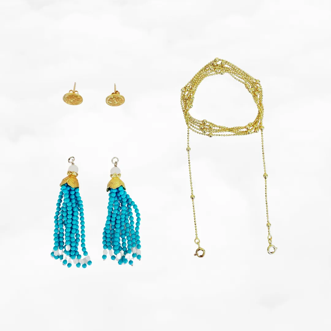 Gold Lotus Turquoise Tassel Lariat Necklace and Earrings Set