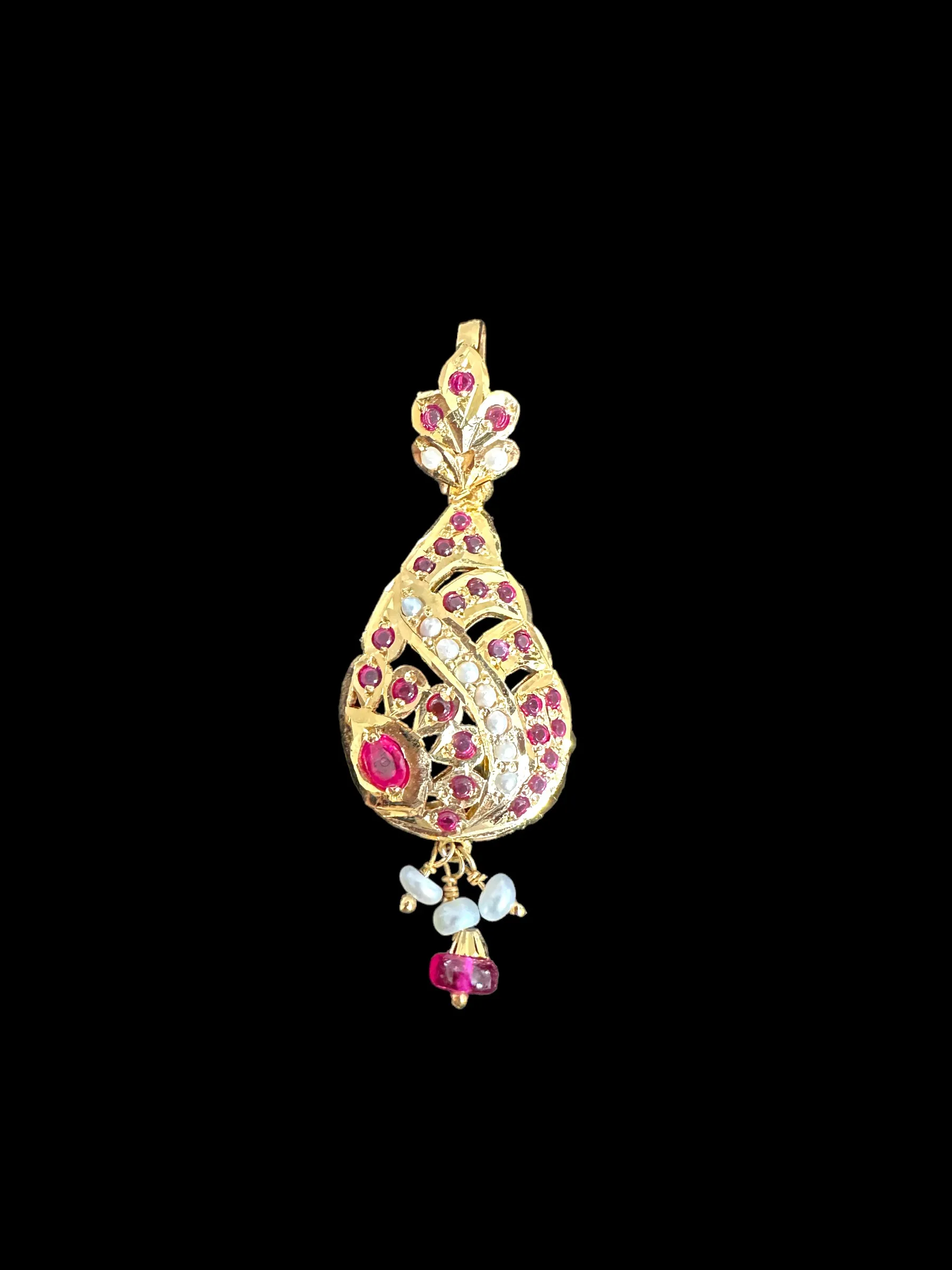 Gold plated jadau silver pendant set in ruby pearl  ( READY TO SHIP )