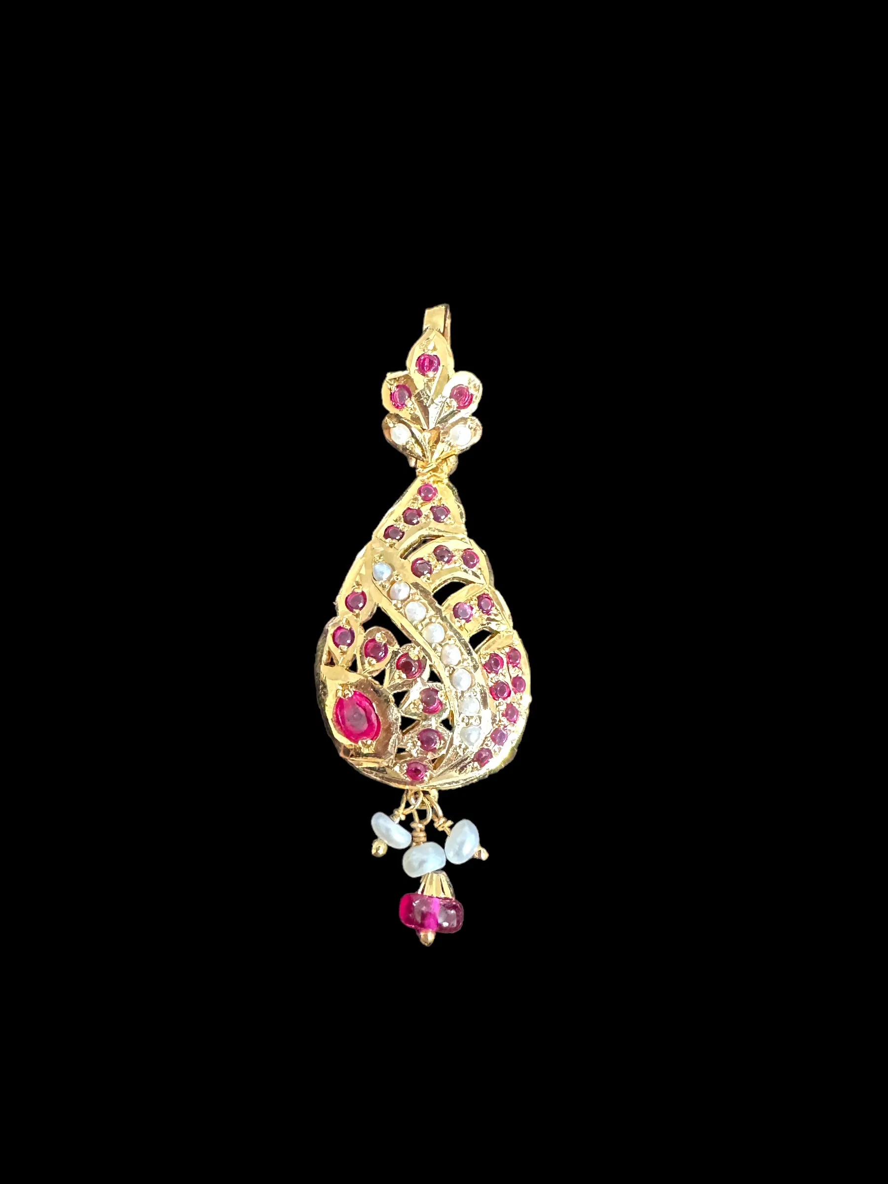 Gold plated jadau silver pendant set in ruby pearl  ( READY TO SHIP )