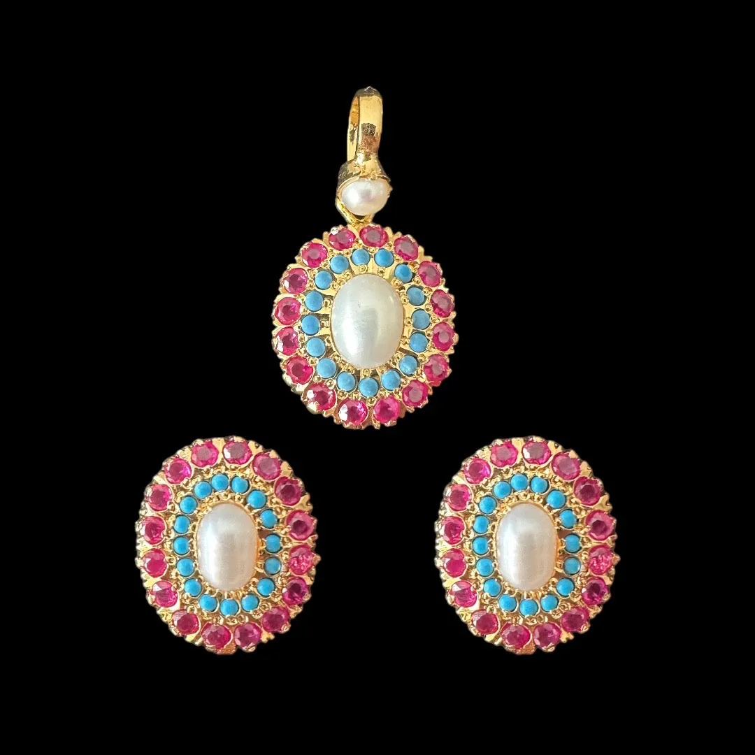 Gold plated jadau silver pendant set in ruby turquoise  ( SHIPS IN 4 WEEKS )