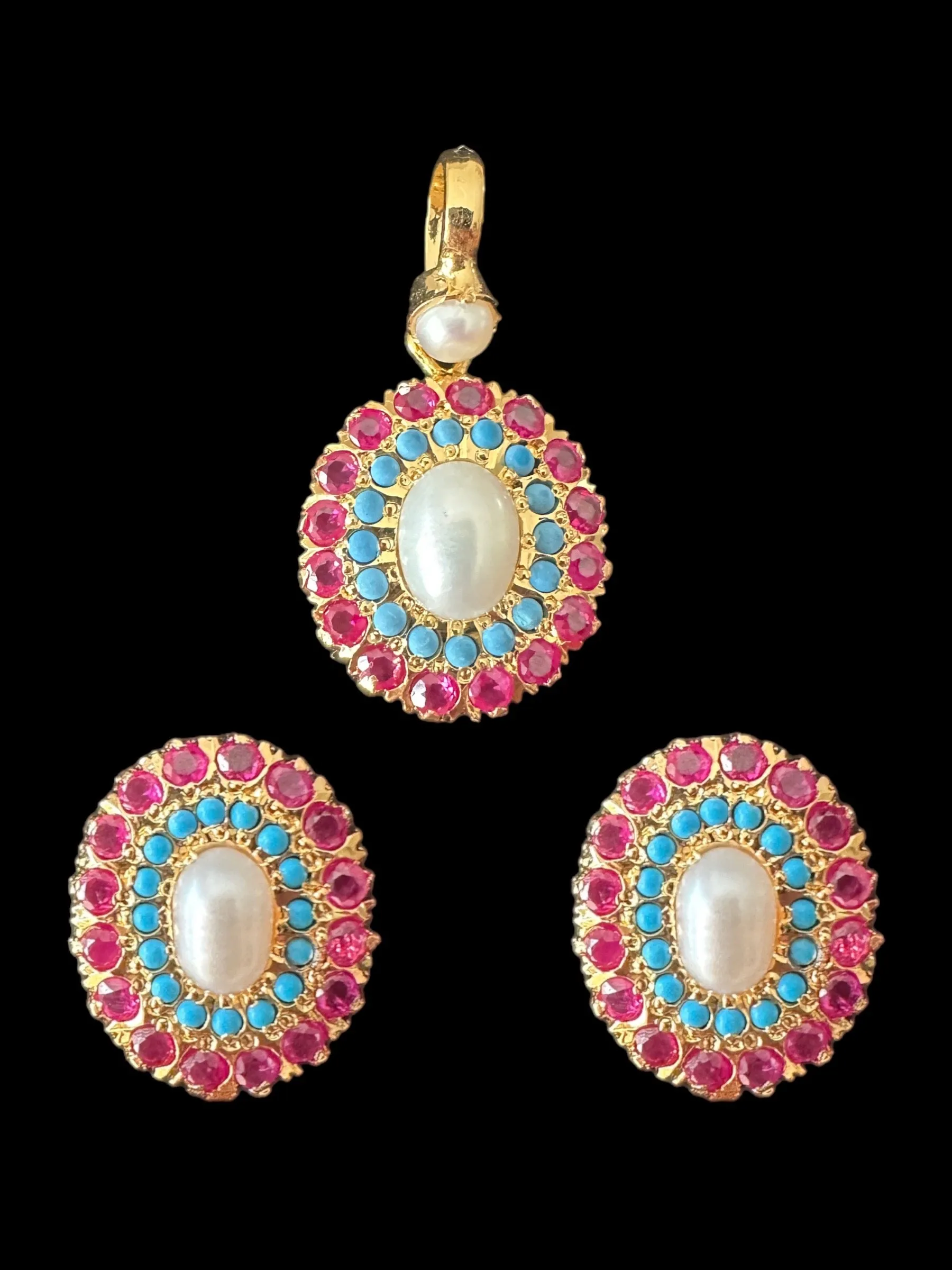 Gold plated jadau silver pendant set in ruby turquoise  ( SHIPS IN 4 WEEKS )