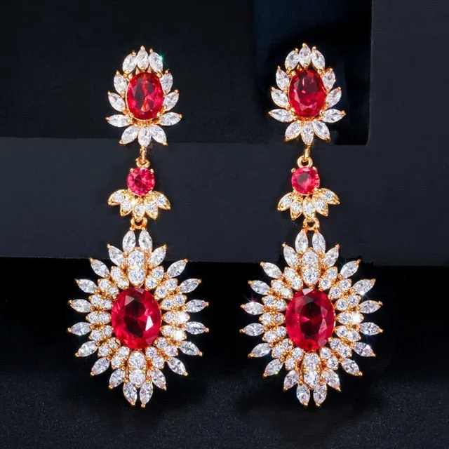 Gold Red Cubic Zirconia Vintage Long Drop Earrings