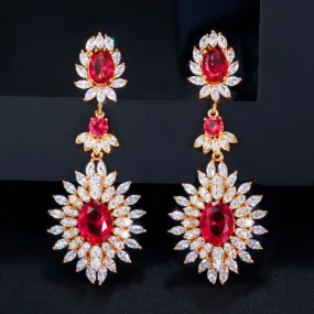 Gold Red Cubic Zirconia Vintage Long Drop Earrings