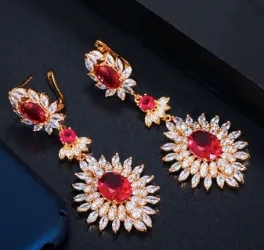 Gold Red Cubic Zirconia Vintage Long Drop Earrings