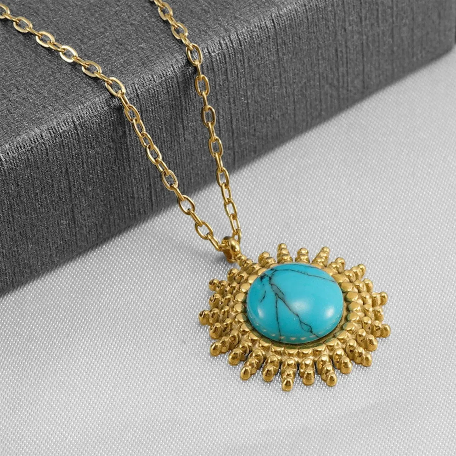 Gold Turquoise Sunburst Necklace - Trendy Bohemian Statement Jewelry for Women