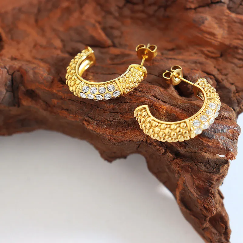 Golden Zircon C-Shaped Earrings by Planderful - Fashion Jewelry for Women