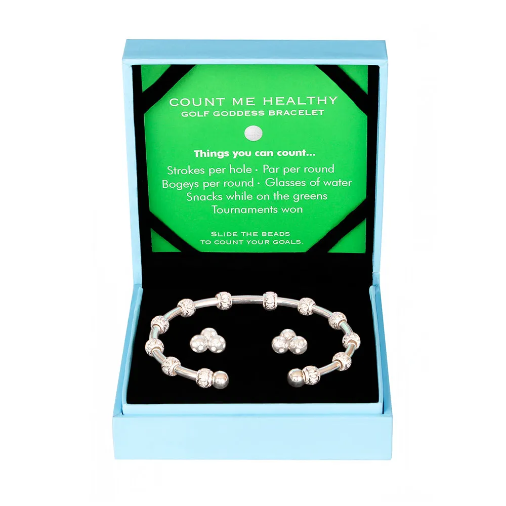 Golf Goddess Gift Set - Silver Stroke Counter Bracelet and Silver Crystal Cluster Stud Earrings