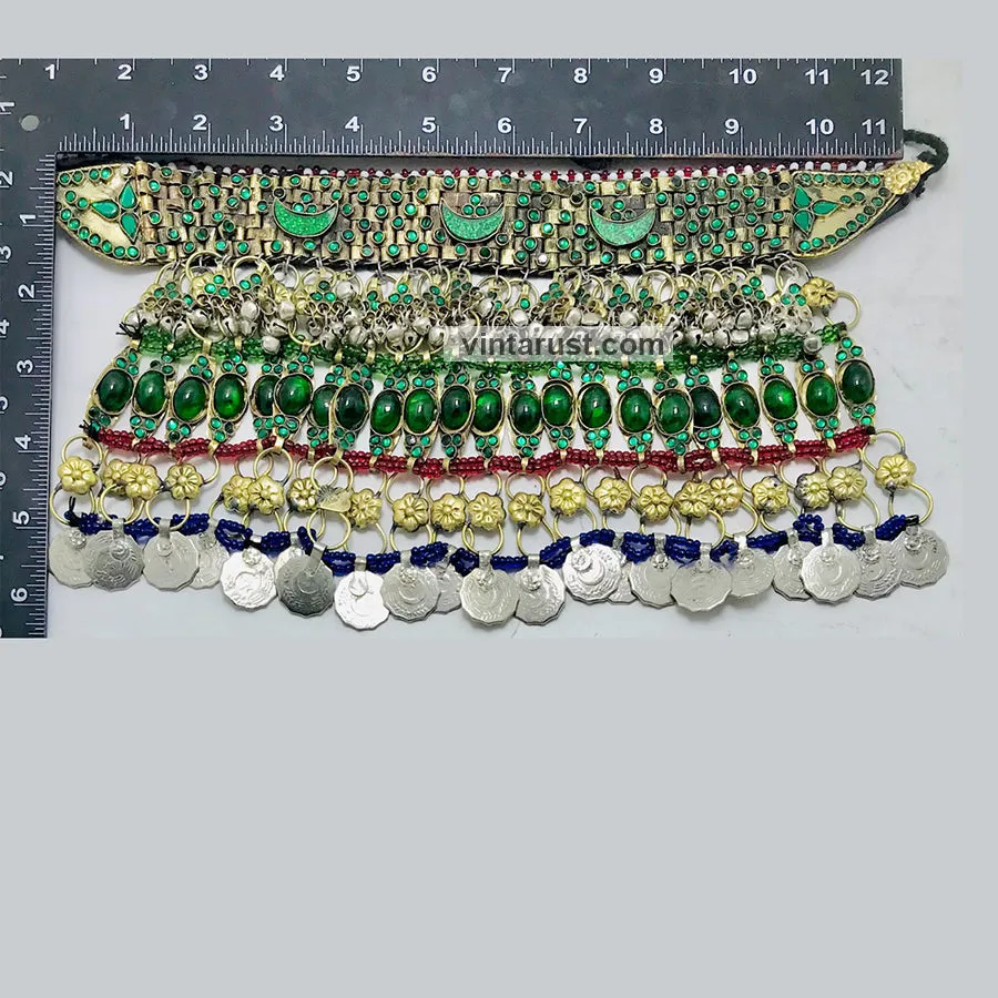 Green Glass Stone Ethnic Choker Necklace With Coins