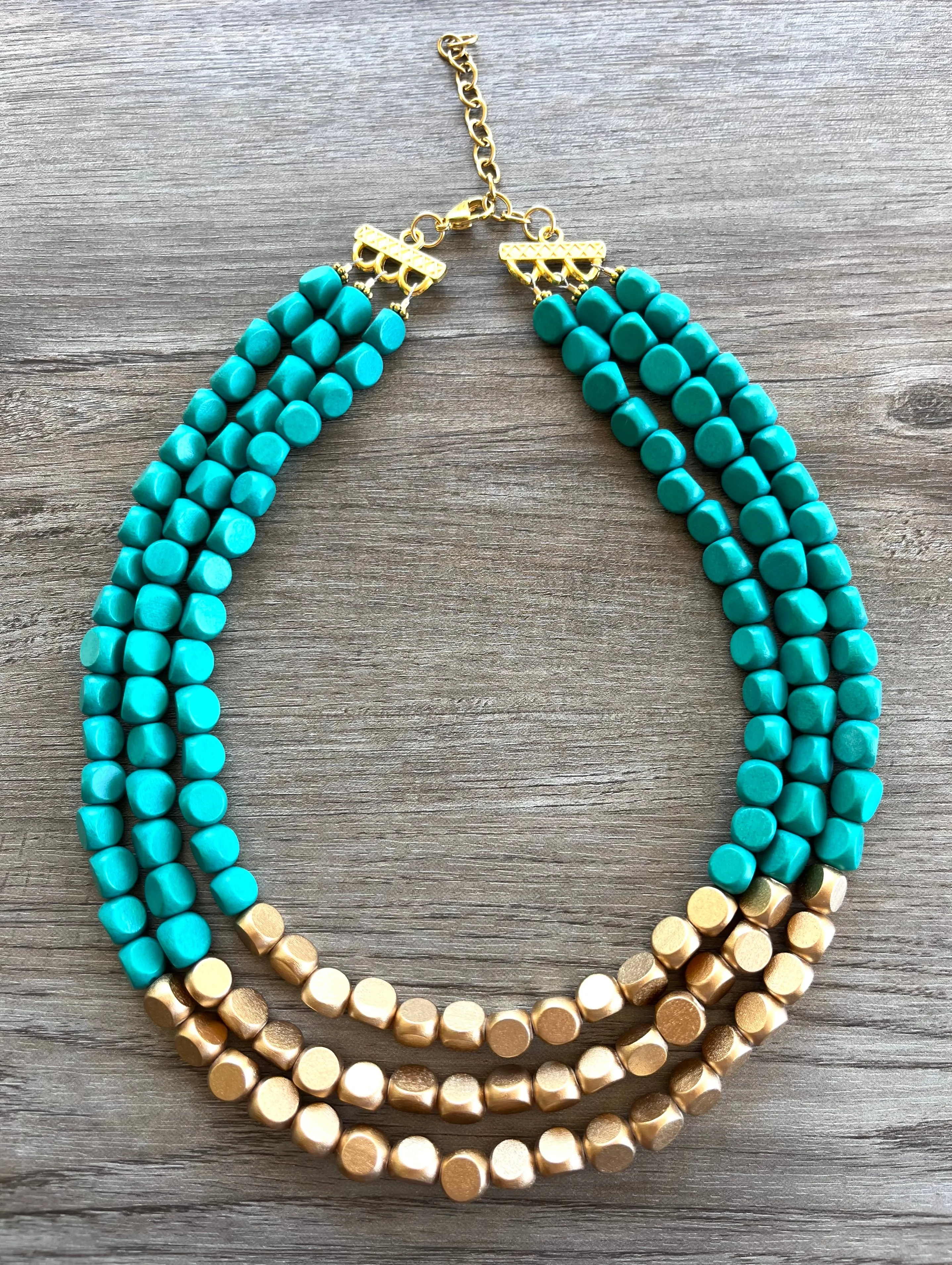 Green Turquoise Gold Wood Beaded Chunky Multi Strand Statement Necklace - Lisa