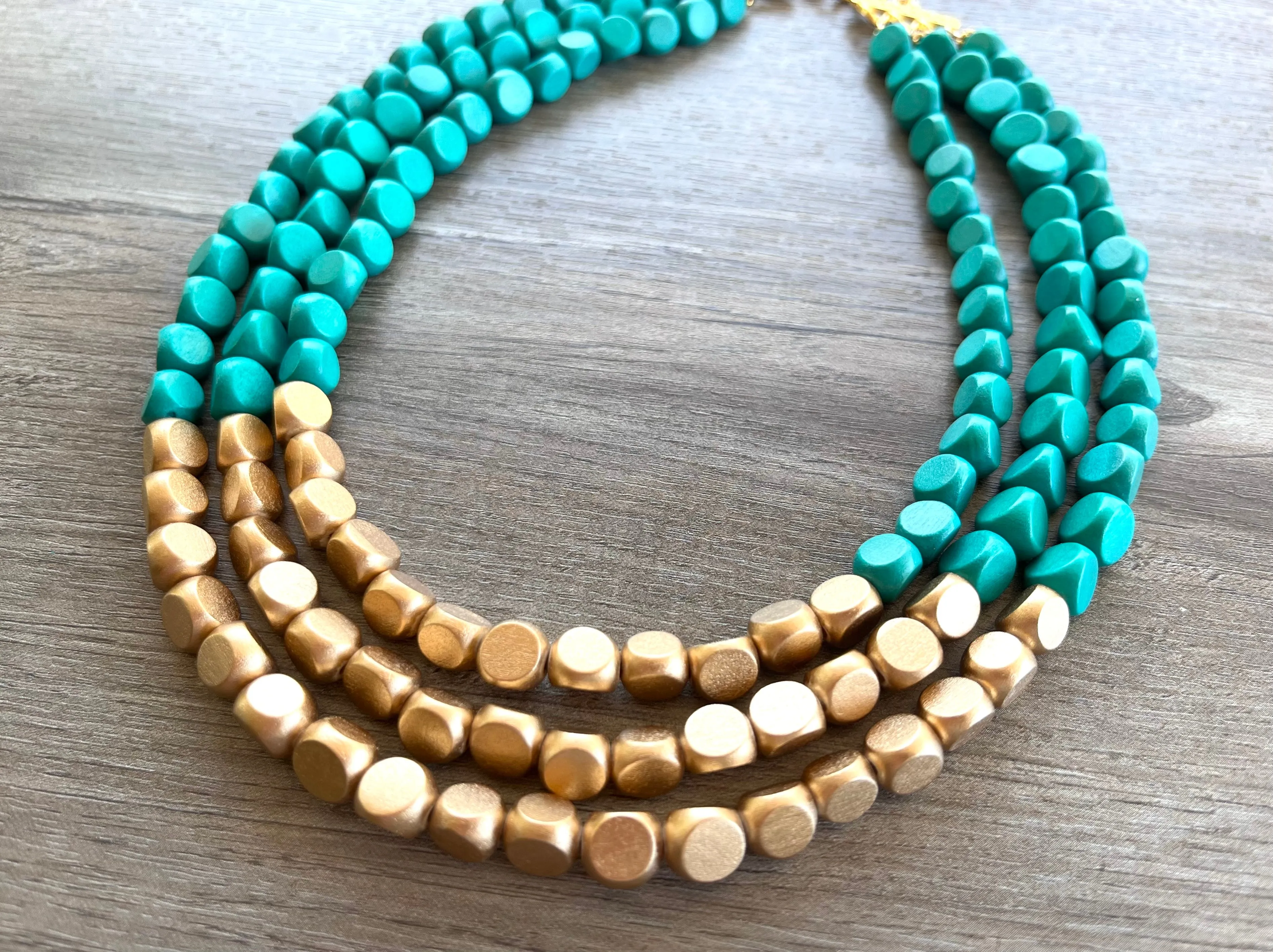 Green Turquoise Gold Wood Beaded Chunky Multi Strand Statement Necklace - Lisa