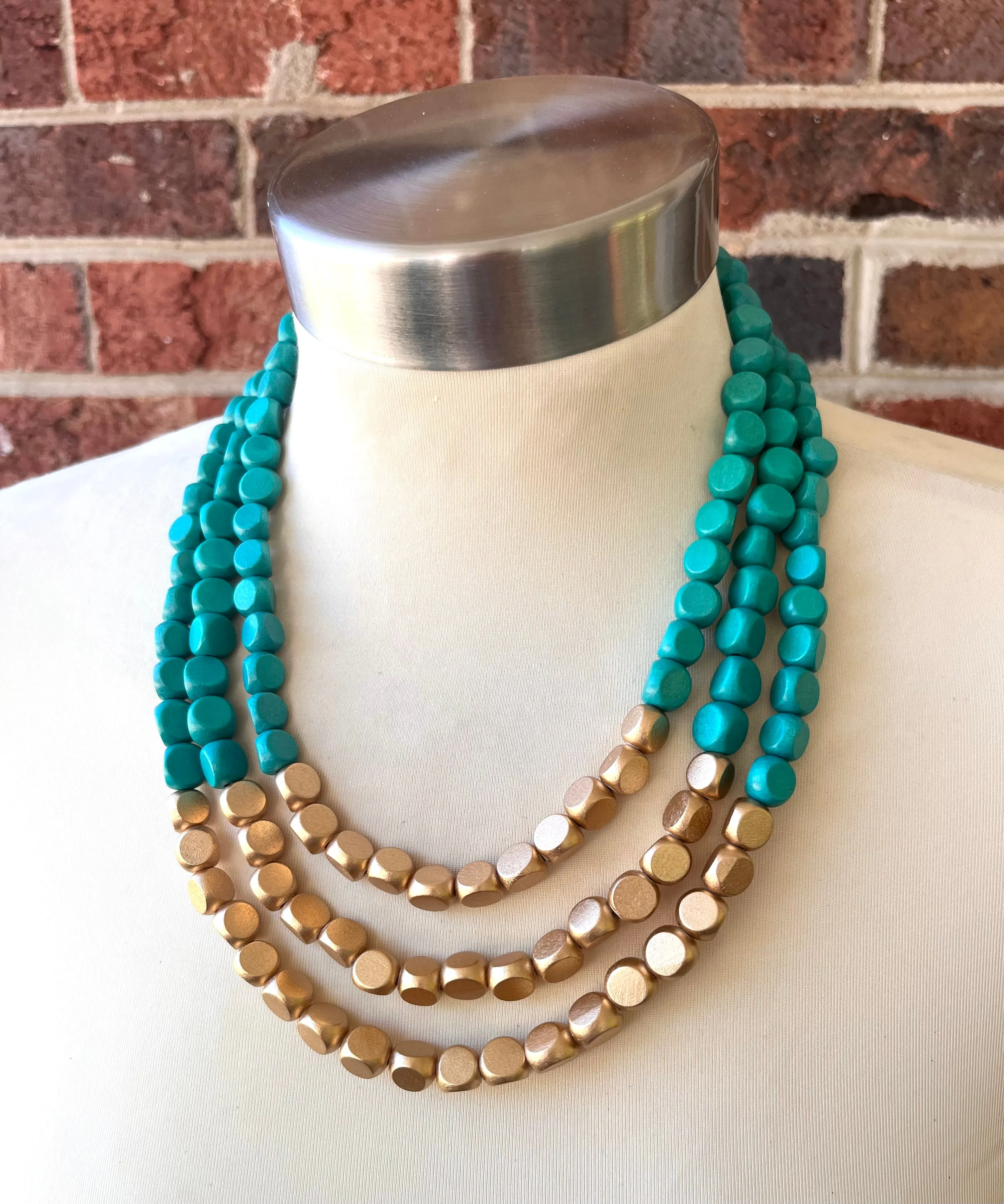 Green Turquoise Gold Wood Beaded Chunky Multi Strand Statement Necklace - Lisa