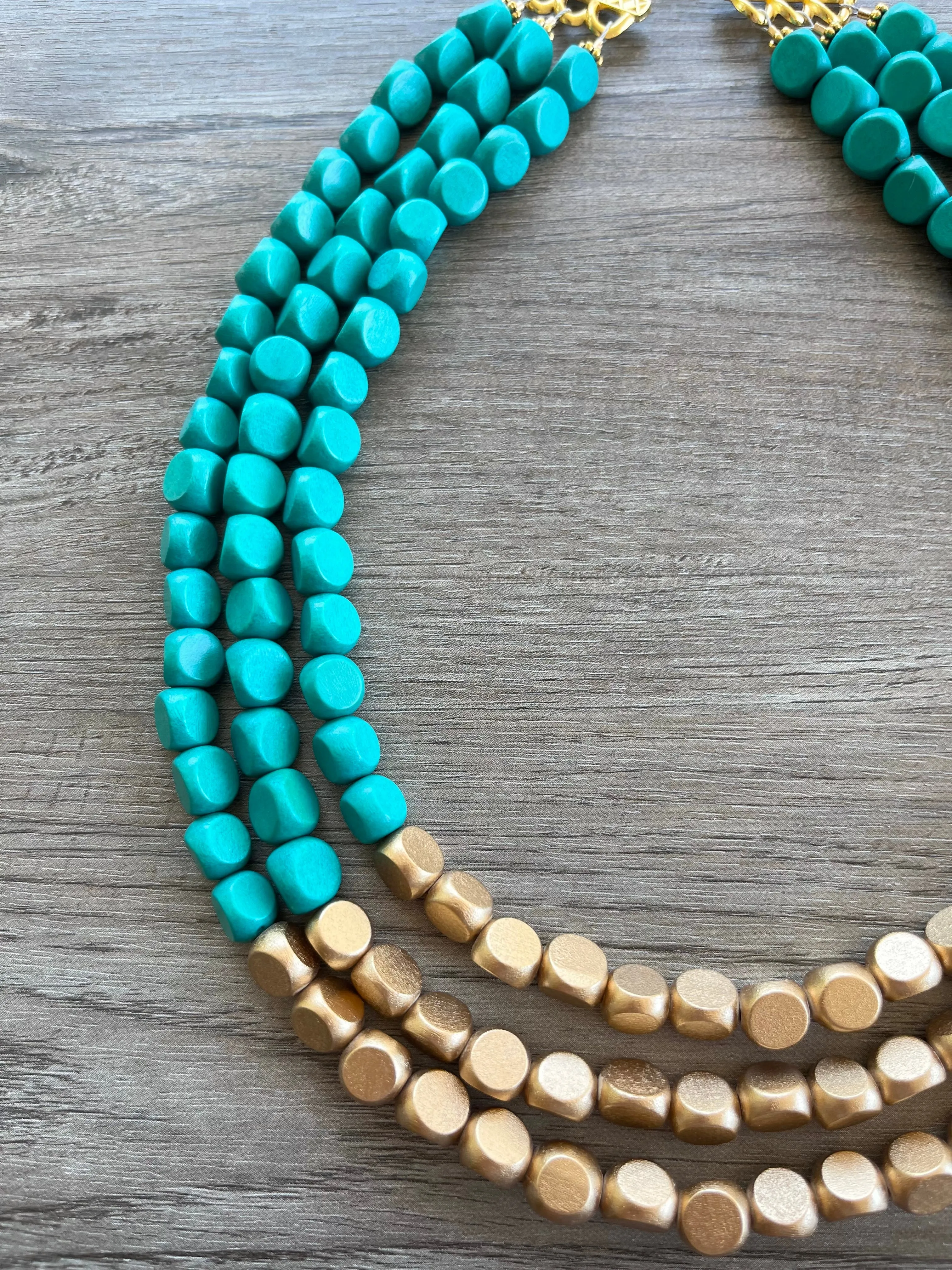 Green Turquoise Gold Wood Beaded Chunky Multi Strand Statement Necklace - Lisa