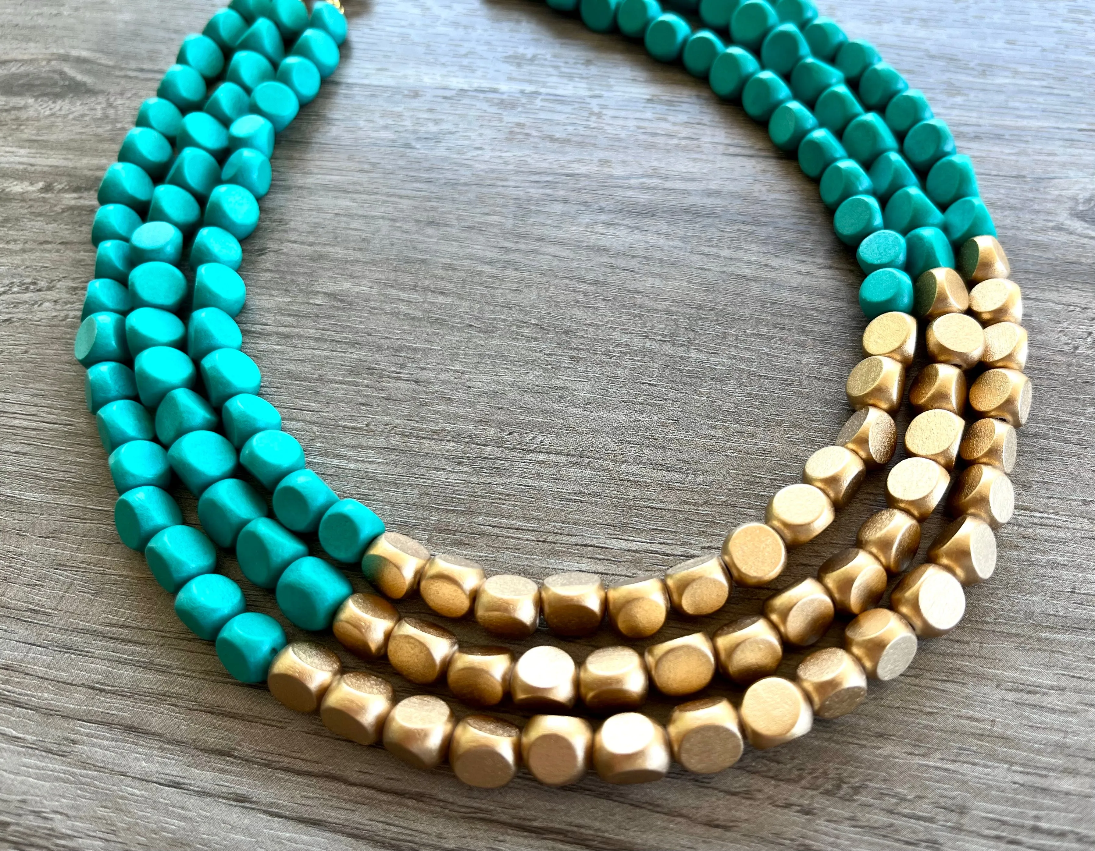 Green Turquoise Gold Wood Beaded Chunky Multi Strand Statement Necklace - Lisa