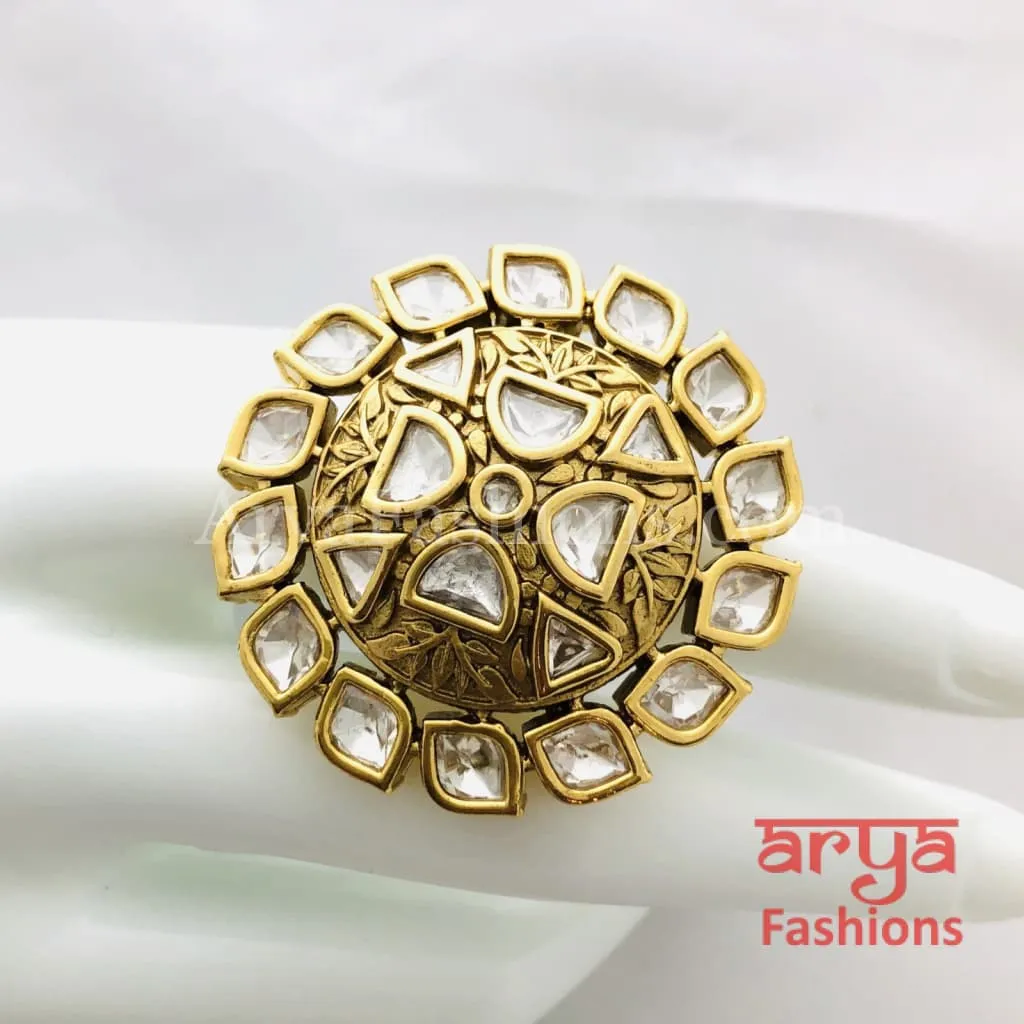 Grey Meenakari Kundan Jadau Golden Statement Ring