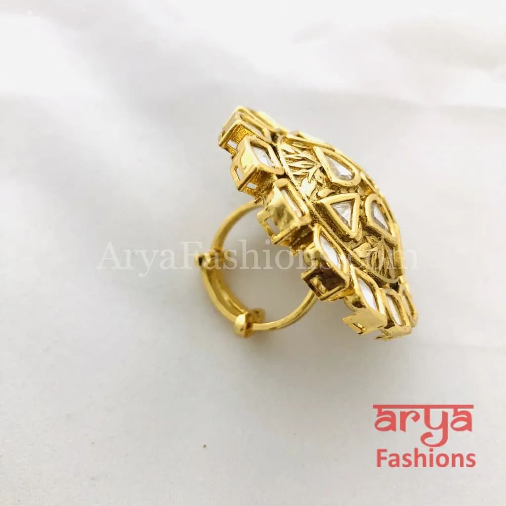 Grey Meenakari Kundan Jadau Golden Statement Ring