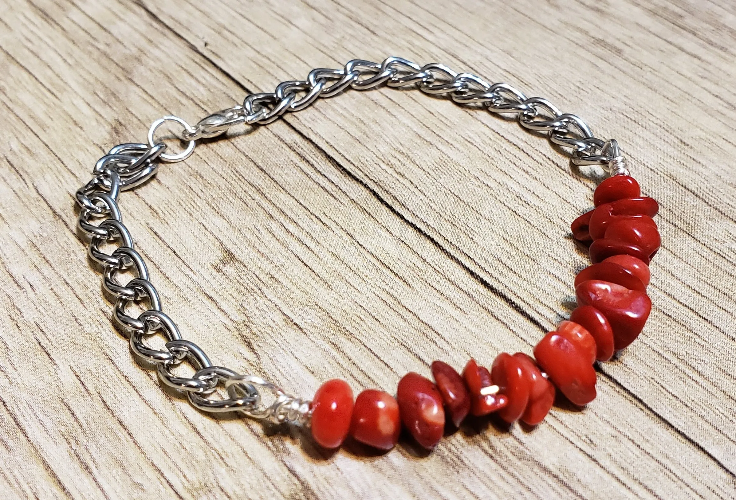 Hand Crafted All Natural Sponge Coral Gemstone & Chain Adjustable to 8" Bracelet with Lobster Claw Clasp