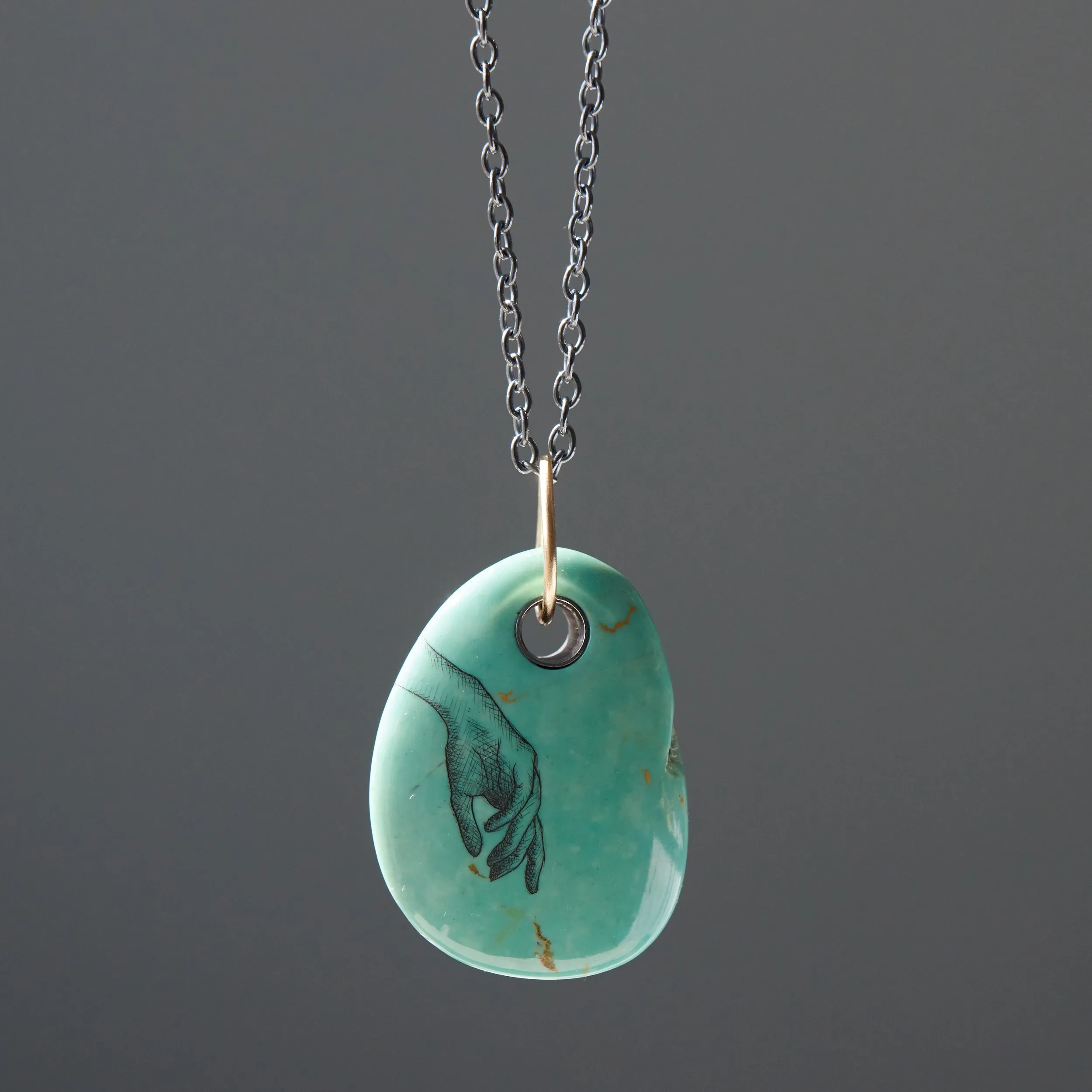 Hand of Fate Kingman Turquoise Scrimshaw Necklace