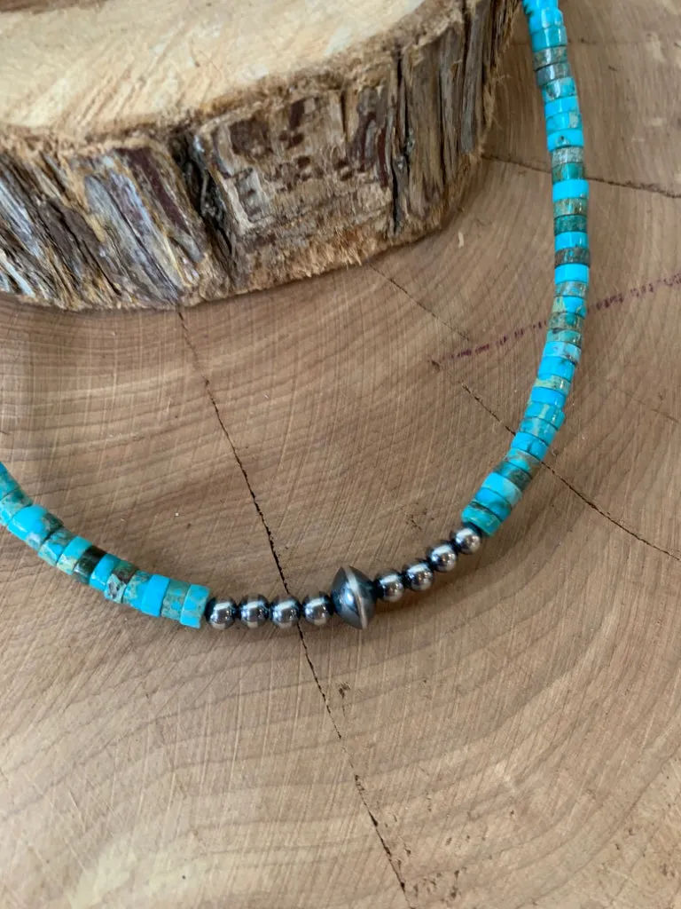 Handmade Sterling Silver Pearls & Turquoise Heishi Choker Necklace