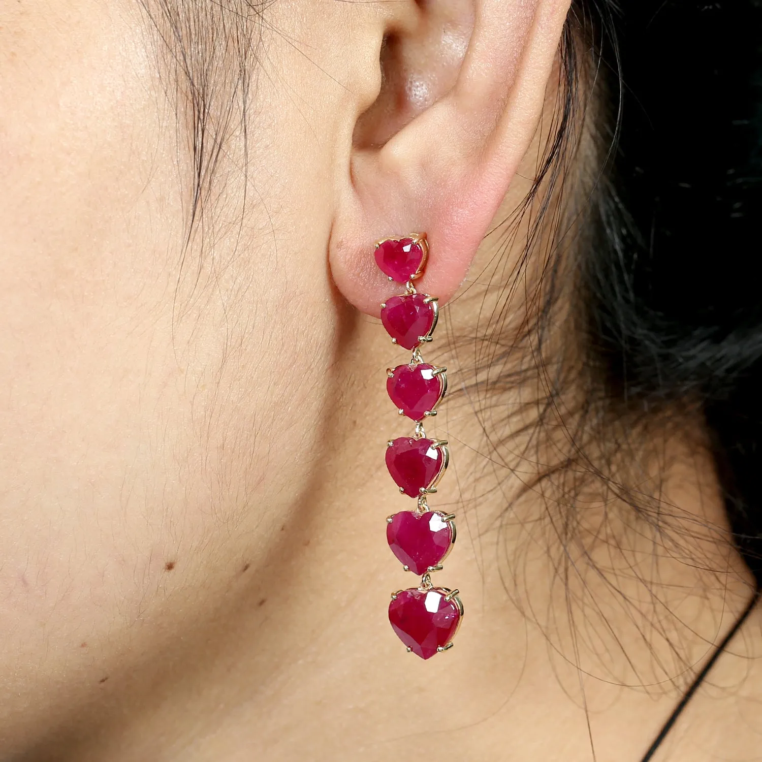 Heart Cut Ruby Long Drop Danglers Love Jewelry In 18k Yellow Gold For Her