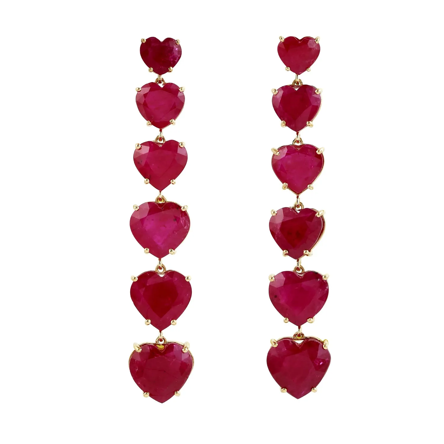 Heart Cut Ruby Long Drop Danglers Love Jewelry In 18k Yellow Gold For Her