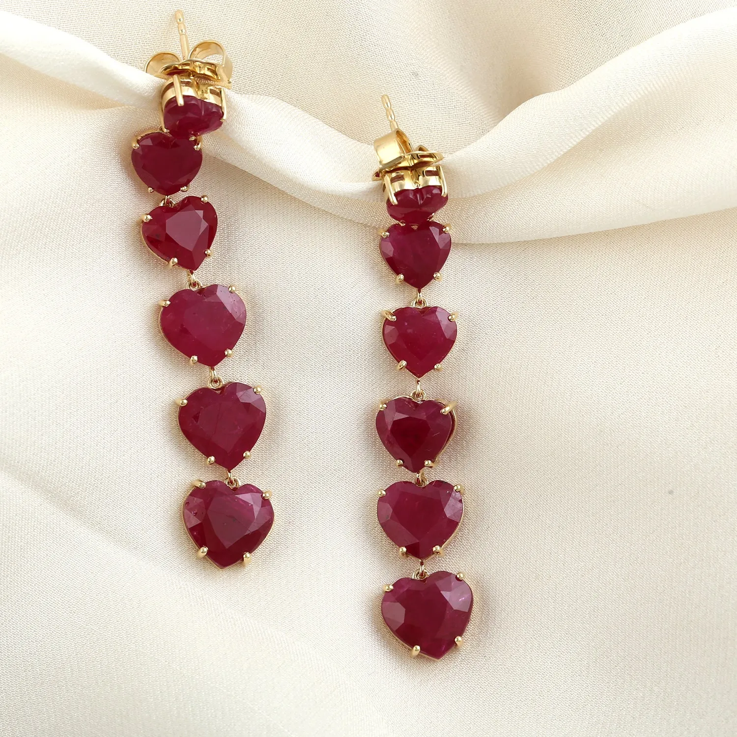 Heart Cut Ruby Long Drop Danglers Love Jewelry In 18k Yellow Gold For Her