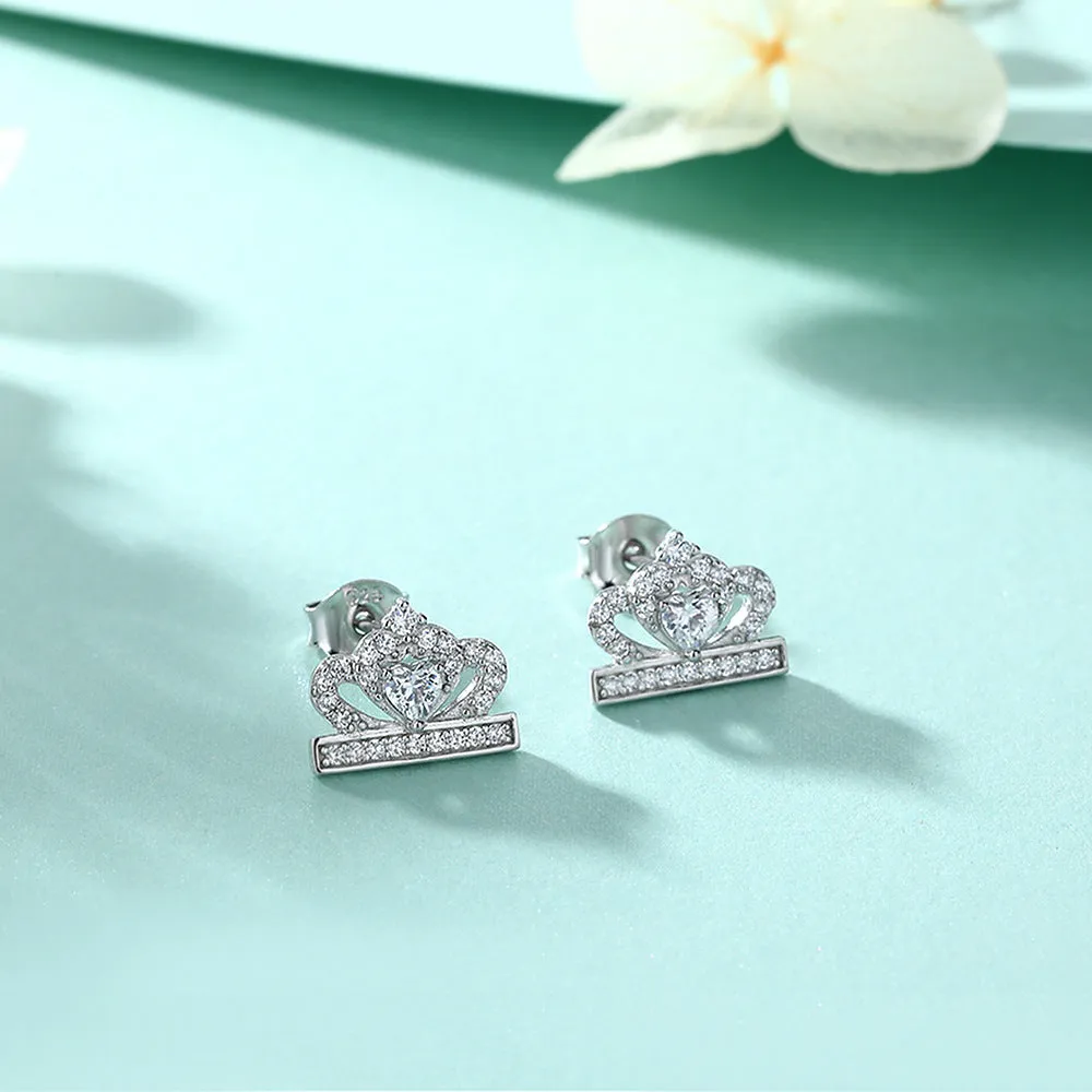 Heart-shaped Zircon Crown Silver Studs Earrings for Women