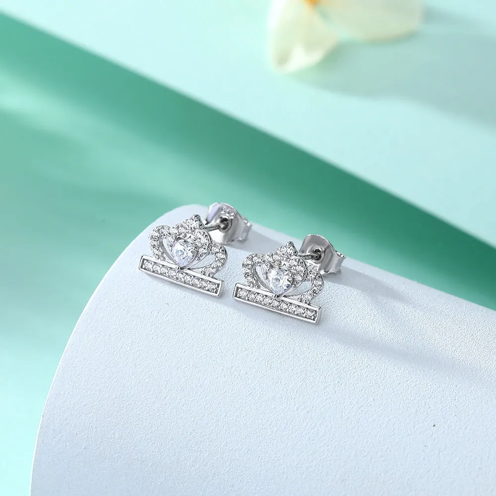 Heart-shaped Zircon Crown Silver Studs Earrings for Women