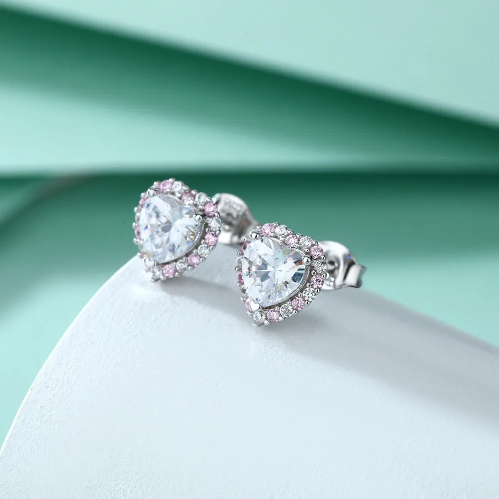 Heart with Pink Zircon Silver Studs Earrings for Women