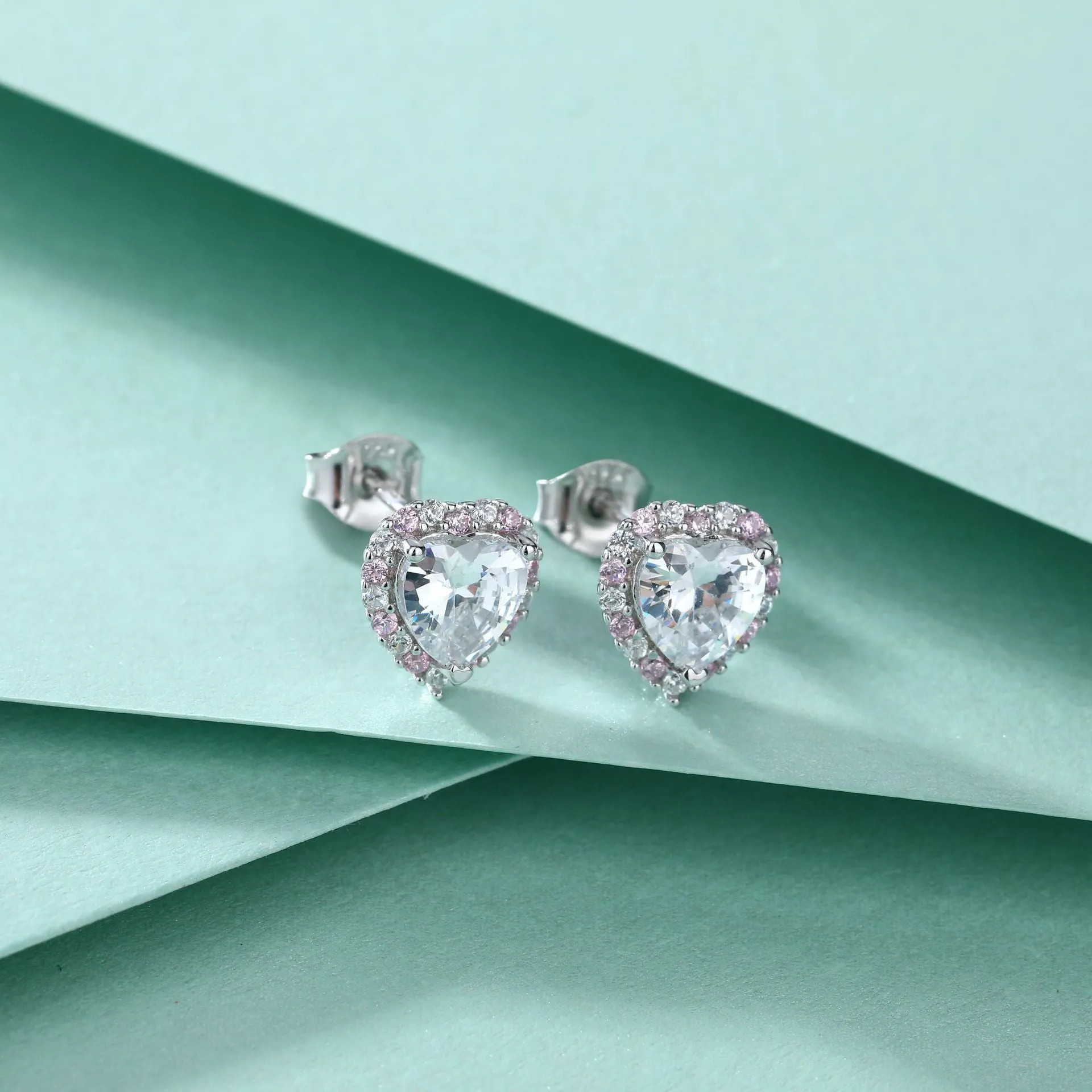 Heart with Pink Zircon Silver Studs Earrings for Women