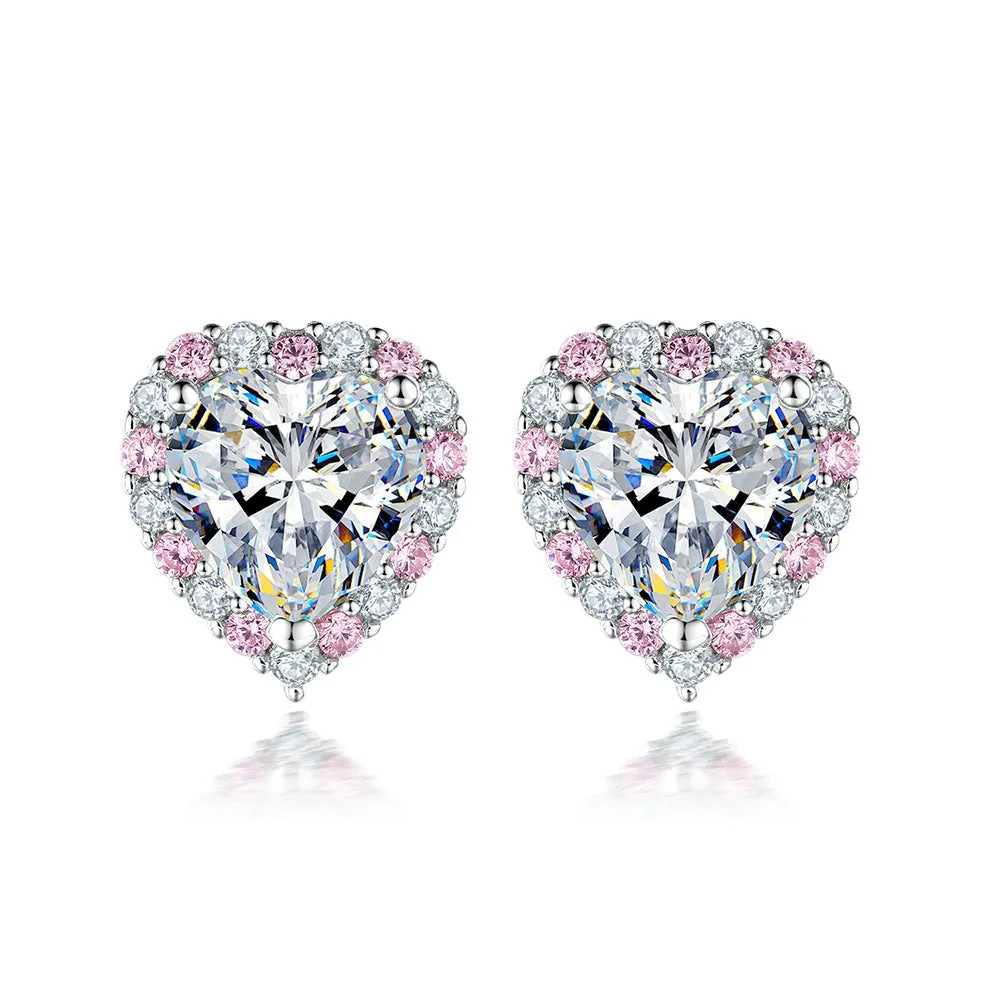 Heart with Pink Zircon Silver Studs Earrings for Women