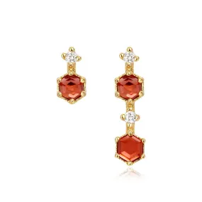 Hexagonal Red Garnet Zircon Asymmetric Sterling Silver Earrings