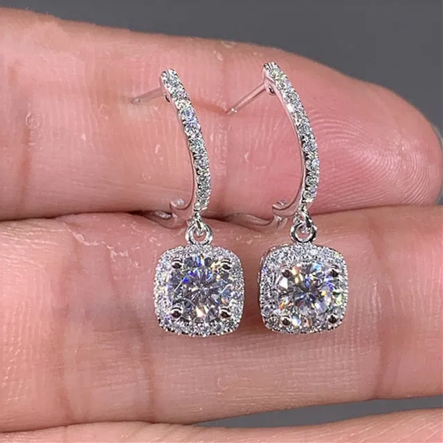 Hip Hop Jewelry Brilliant Square Drop Earrings for Women with Zircon in Silver Color