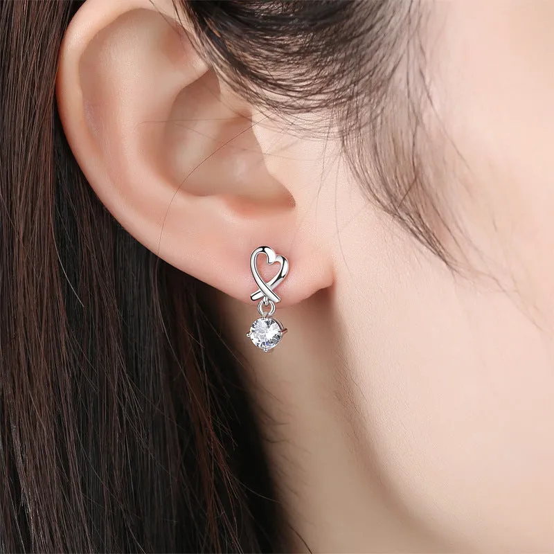 Hollow Heart with Zircon Silver Drop Earrings for Women