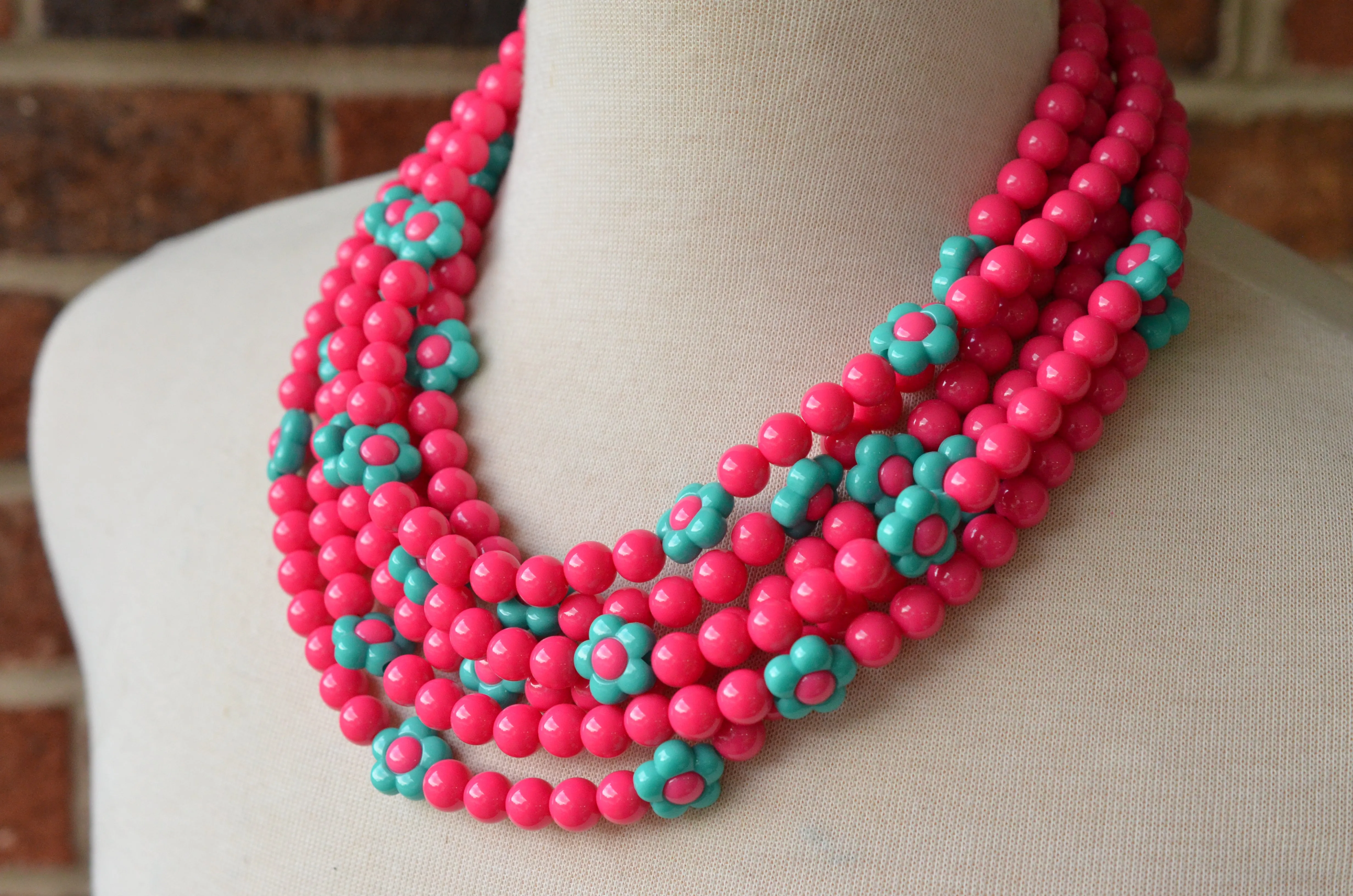 Hot Pink Turquoise Flower Bead Acrylic Chunky Multi Strand Necklace - Marcia