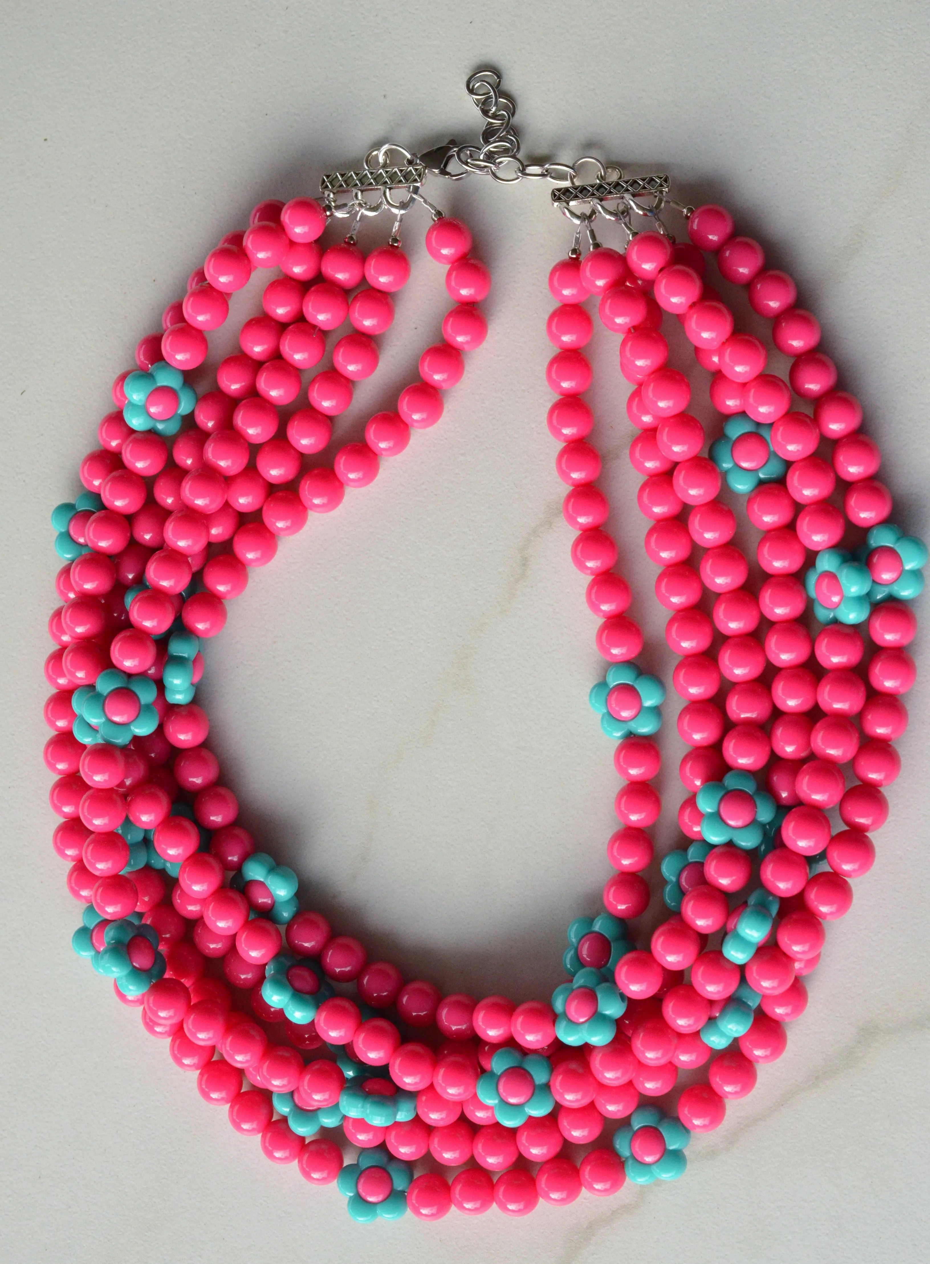 Hot Pink Turquoise Flower Bead Acrylic Chunky Multi Strand Necklace - Marcia