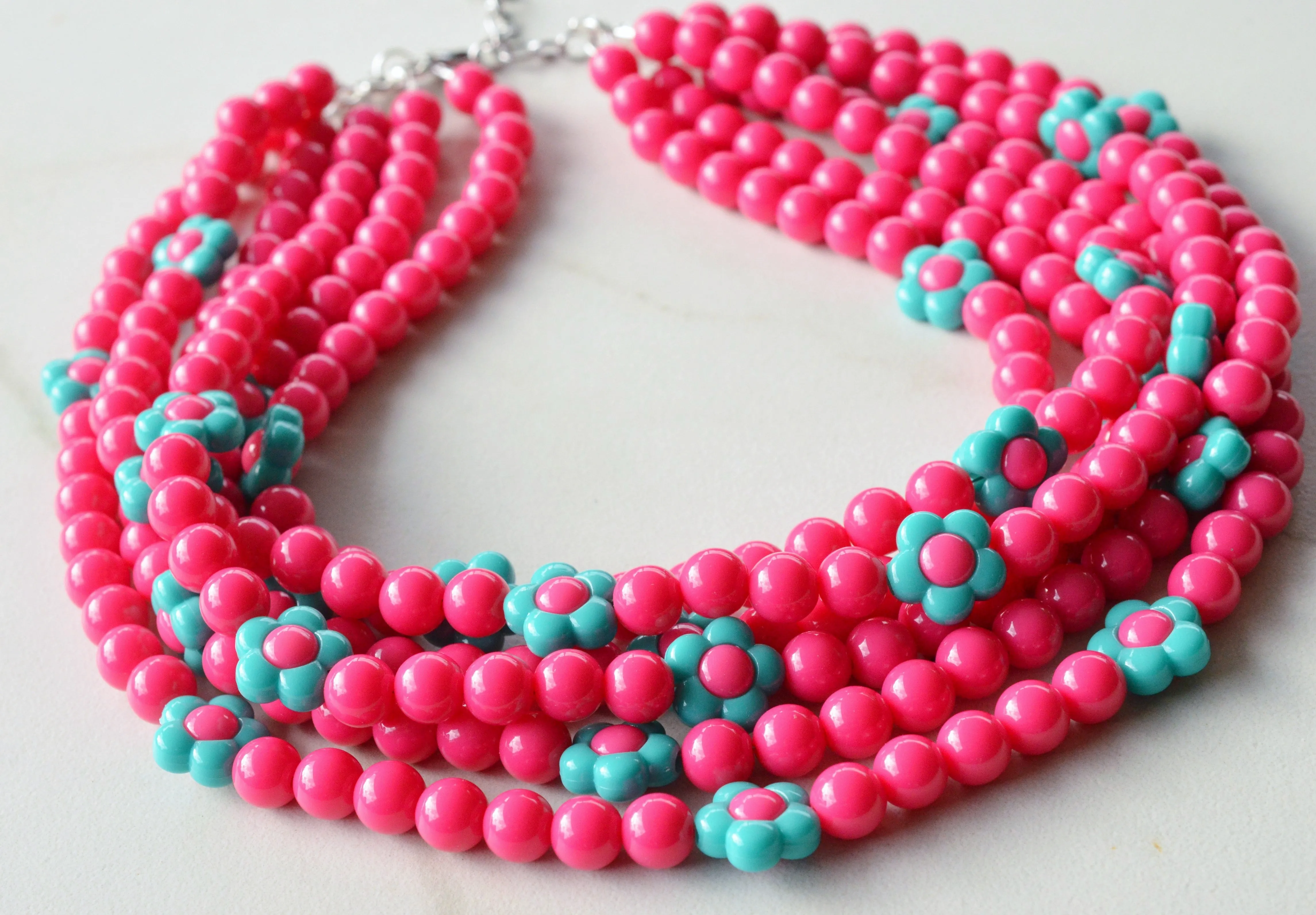 Hot Pink Turquoise Flower Bead Acrylic Chunky Multi Strand Necklace - Marcia