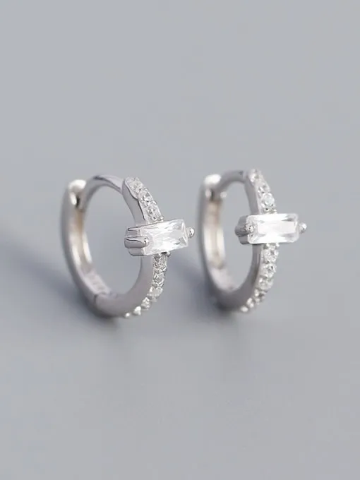 Huggie Hoop Earrings, Diamond CZ Sideways Baguette .925 Sterling Silver Earrings