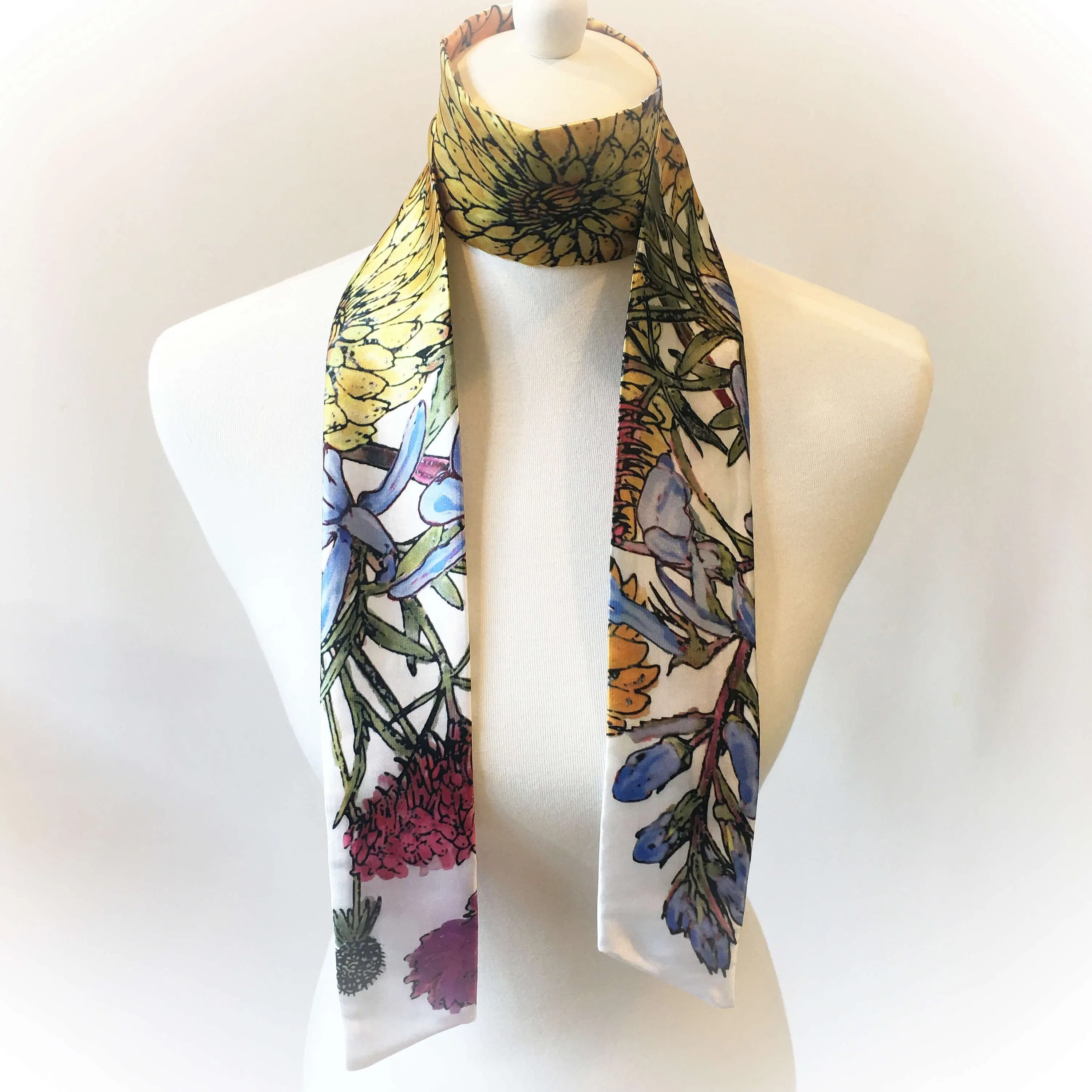 Ink & Watercolor Scarf,Skinny Scarf,Woman Scarf,All season scarf,Lightweight Scarf,ladies scarf,artist scarf,painted scarf,satin tie scarf