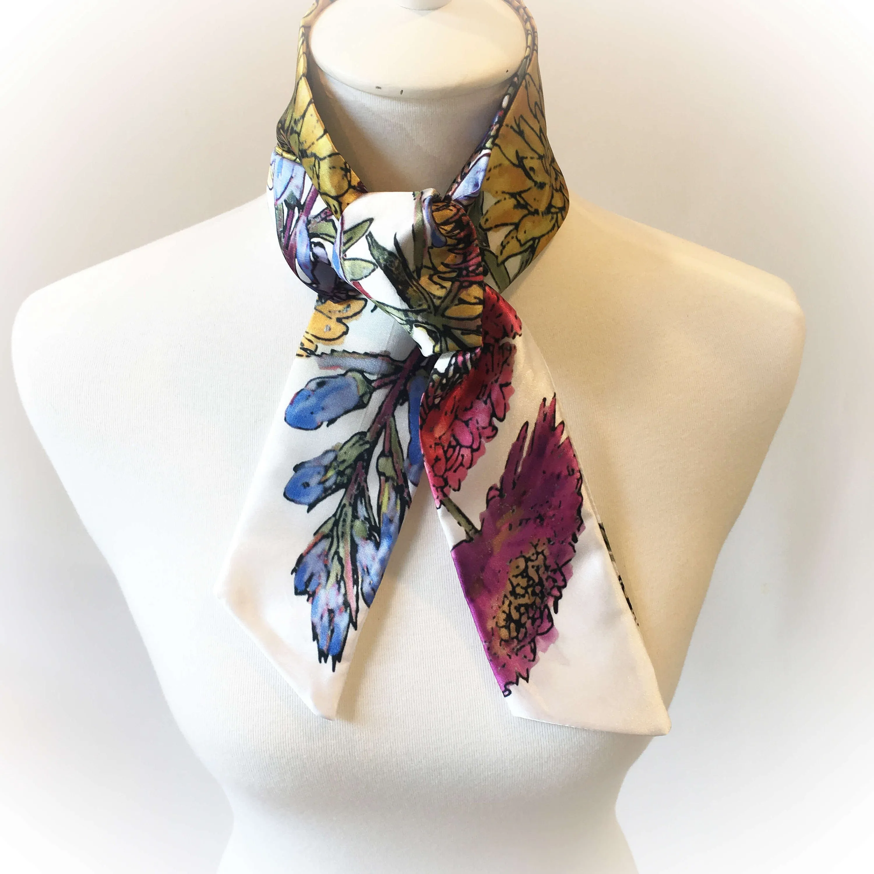 Ink & Watercolor Scarf,Skinny Scarf,Woman Scarf,All season scarf,Lightweight Scarf,ladies scarf,artist scarf,painted scarf,satin tie scarf