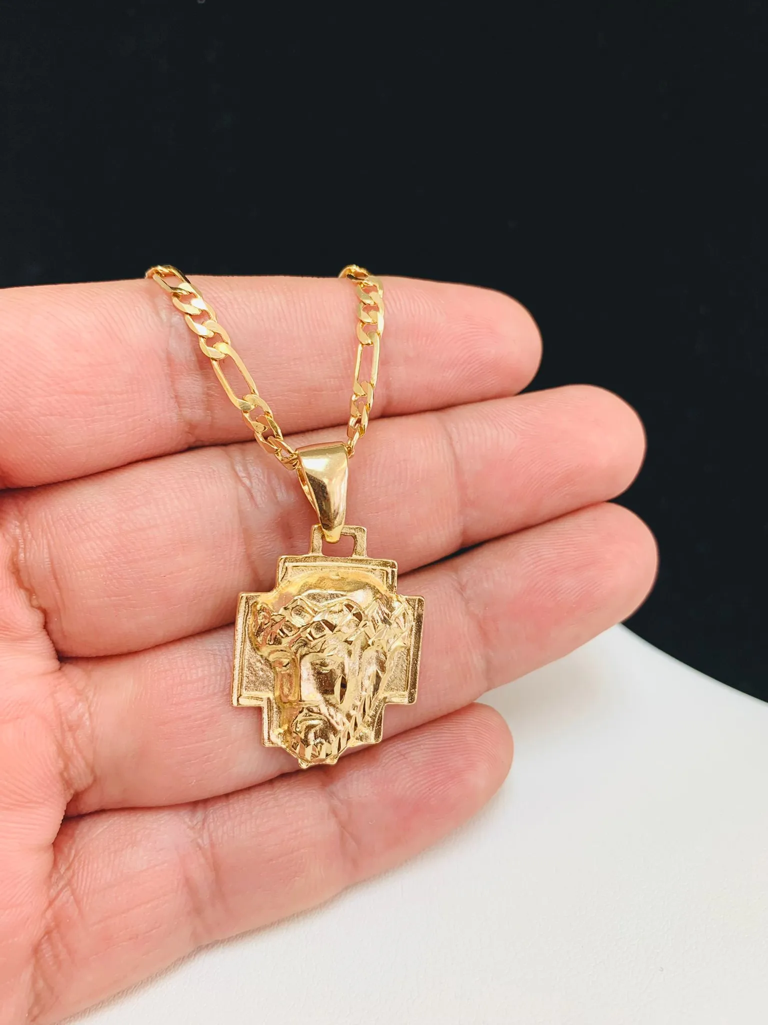 Jesus Christ Head Necklace • Jesus Head Pendant • Gold Filled Necklace • Figaro Link Chain 22"